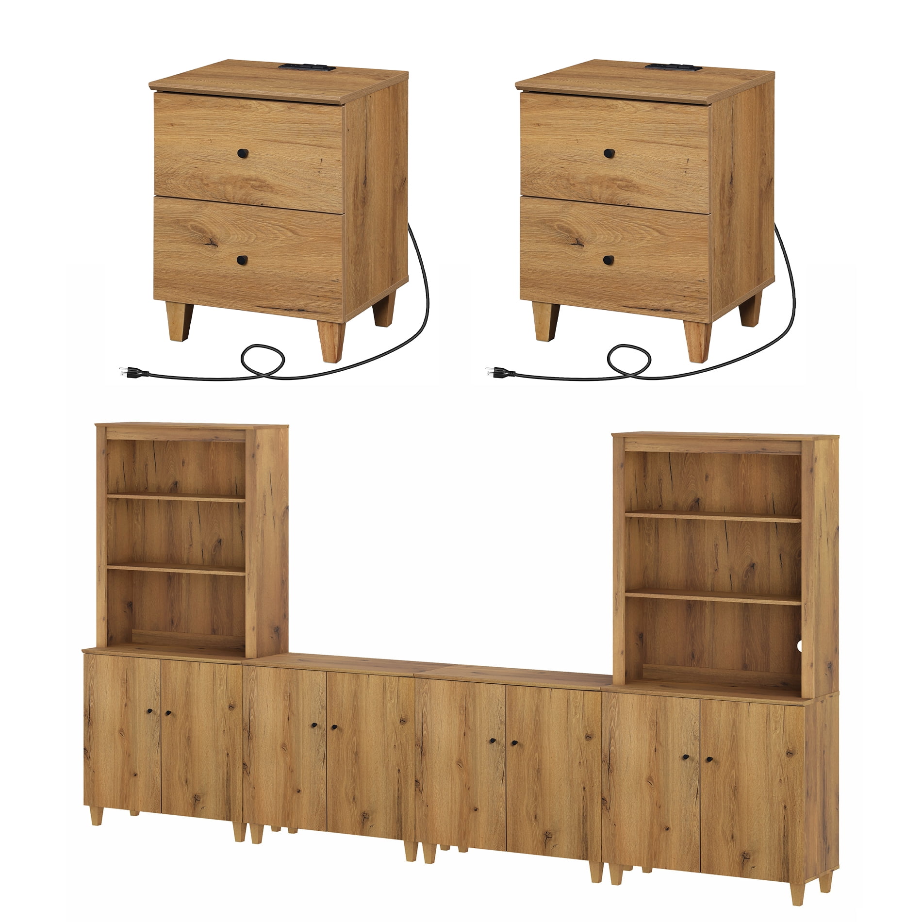 WAMPAT Entertainment Center and Side Table Set of 3, Modern Wooden TV Stand for 75" TV with Cabinets and Open Shelves, 2 Charging End Tables with Drawers for Living Room, Oak Brown