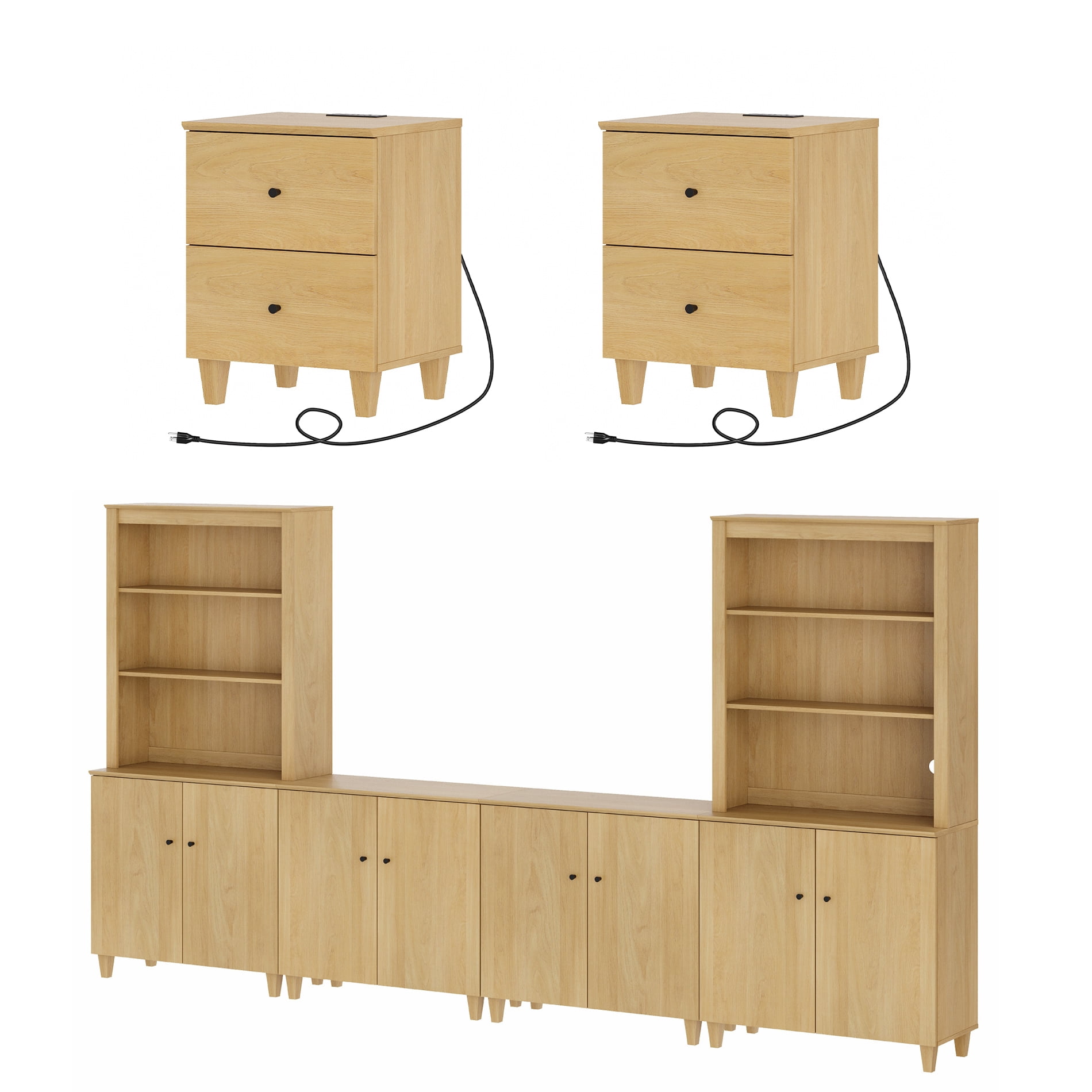 WAMPAT Entertainment Center and Side Table Set of 3, Modern Wooden TV Stand for 75" TV with Cabinets and Open Shelves, 2 Charging End Tables with Drawers for Living Room, Oak