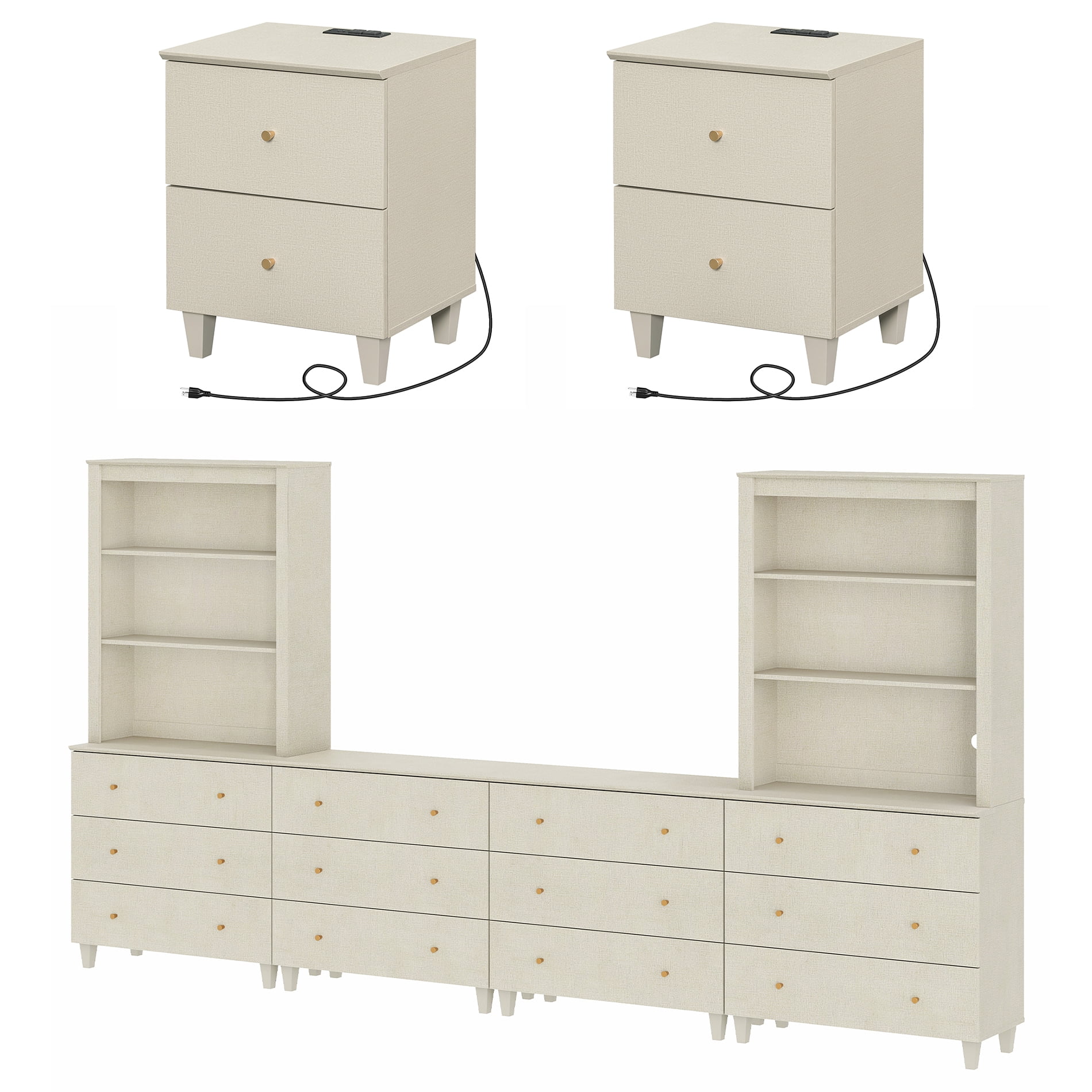 WAMPAT Entertainment Center and Side Table Set of 3, Modern Wooden TV Stand for 75" TV with Drawers and Open Shelves, 2 Charging End Tables for Living Room, Beige