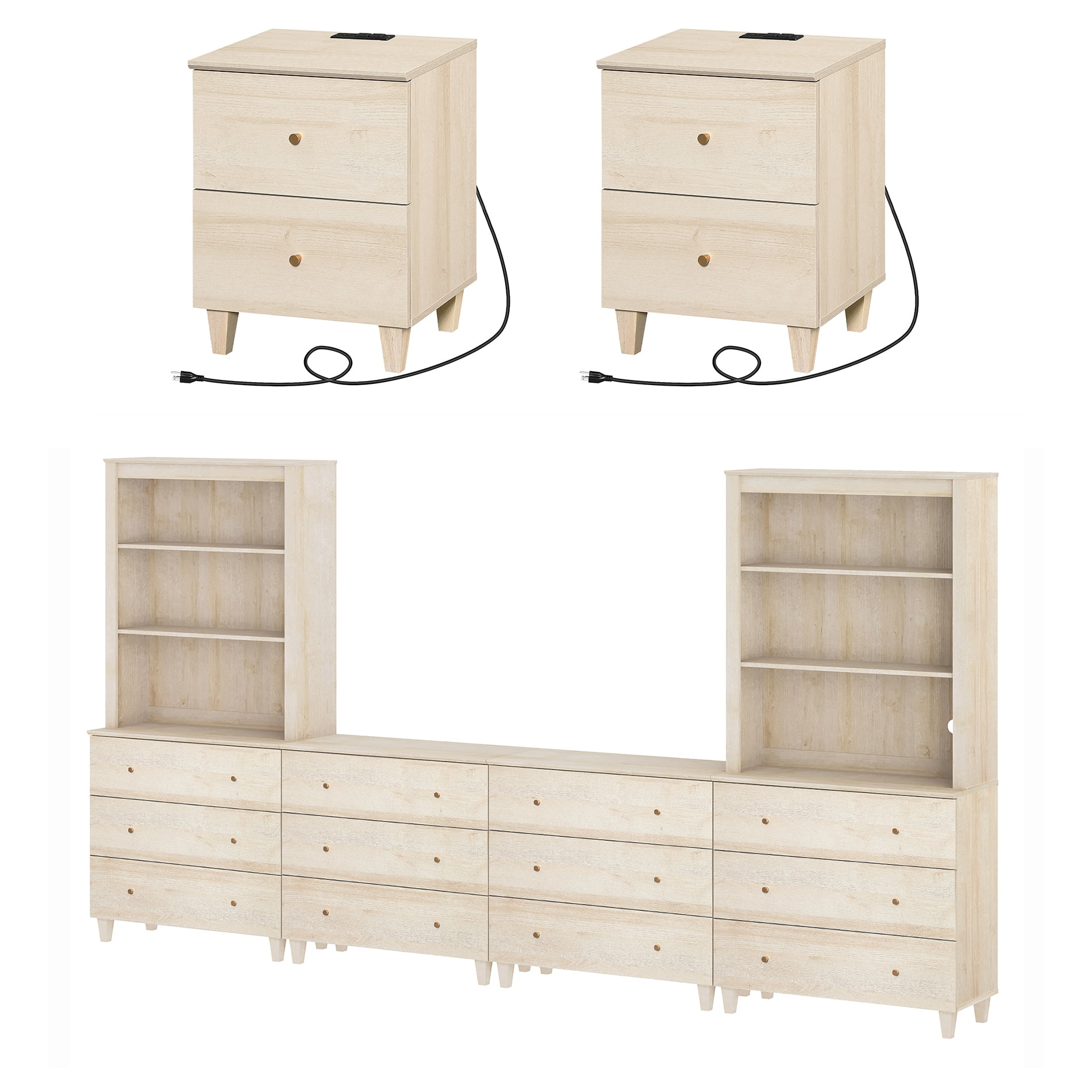 WAMPAT Entertainment Center and Side Table Set of 3, Modern Wooden TV Stand for 75" TV with Drawers and Open Shelves, 2 Charging End Tables for Living Room, Light Oak