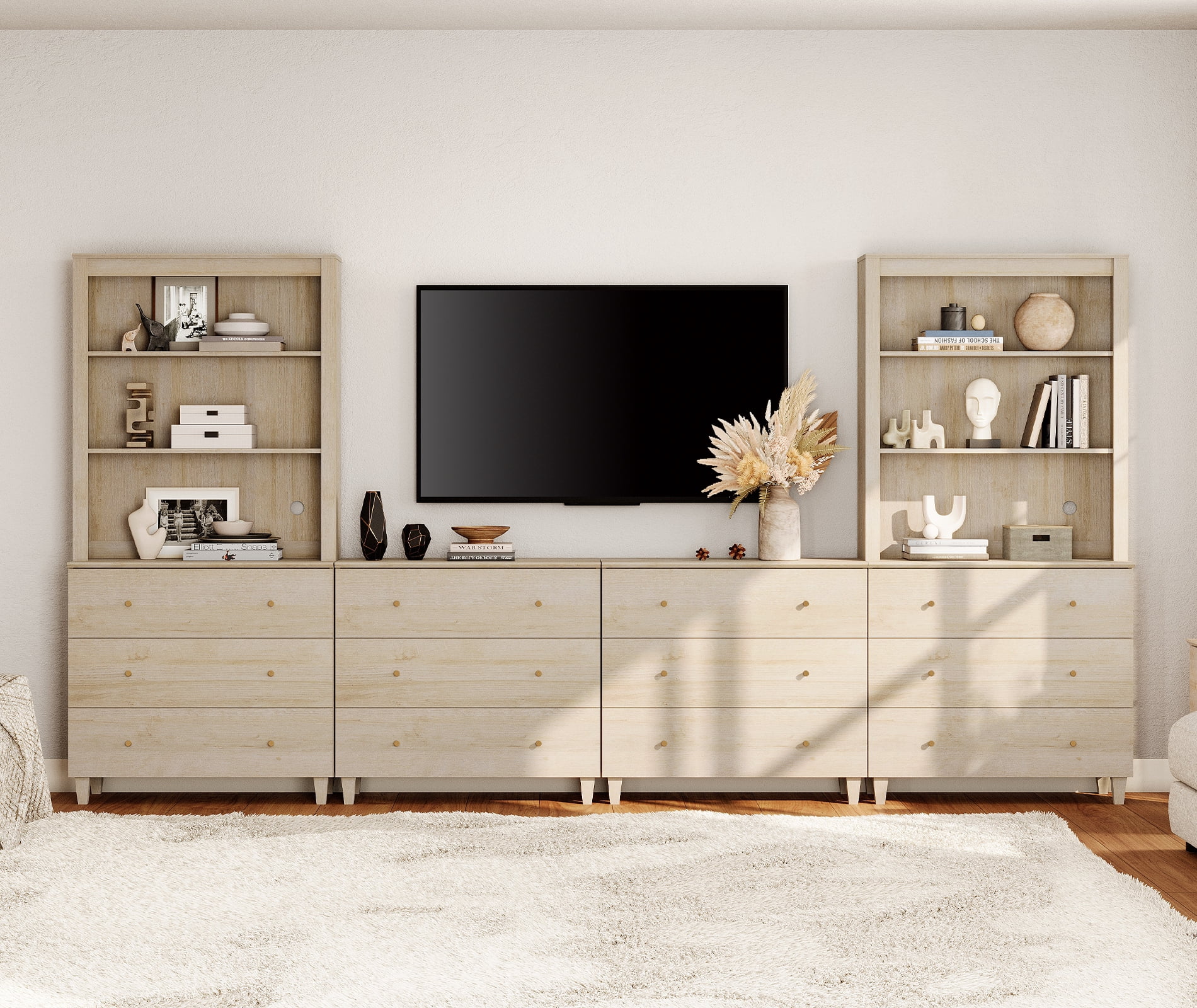 WAMPAT Entertainment Center for 75 Inches TVs with Bookshelves & Drawers, Light Oak
