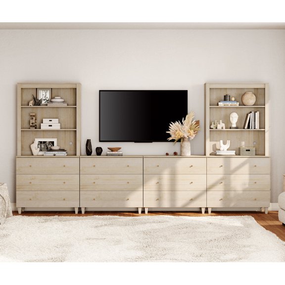 WAMPAT Entertainment Center for 75 Inches TVs with Bookshelves & Drawers, Light Oak