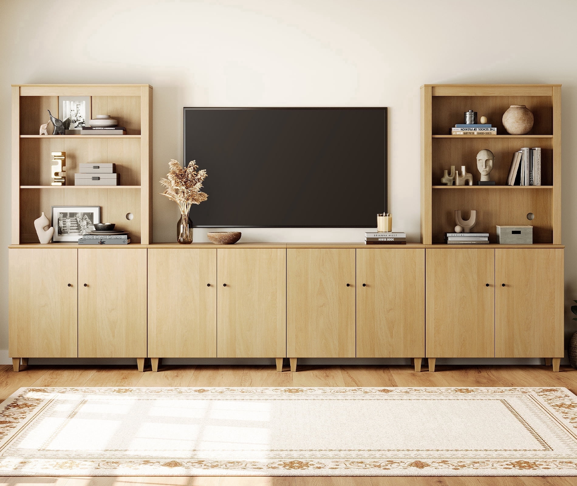 WAMPAT Modern Entertainment Center for 75" TVs, Wood TV Stand with Bookshelves and Cabinets for Living Room, Oak