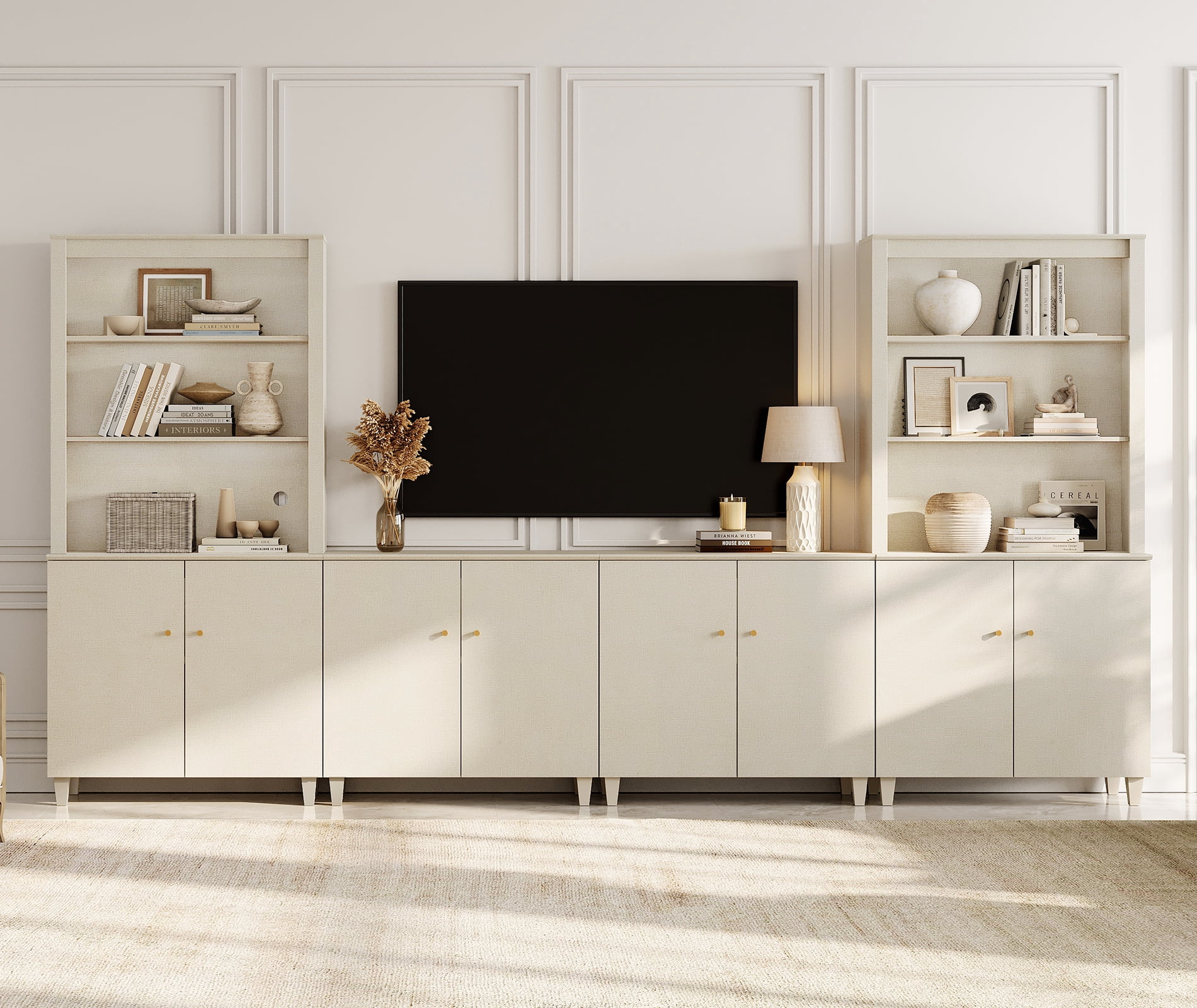 WAMPAT Entertainment Center with Bookshelves and Cabinets for 75" TVs, Beige