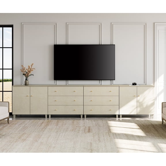 WAMPAT Extra Long Modern TV Stand for 120+ Inches TVs, 3-in-1 Large Wooden Media Console with 6 Spacious Drawers and 2 Storage Cabinets for Living Room, Beige