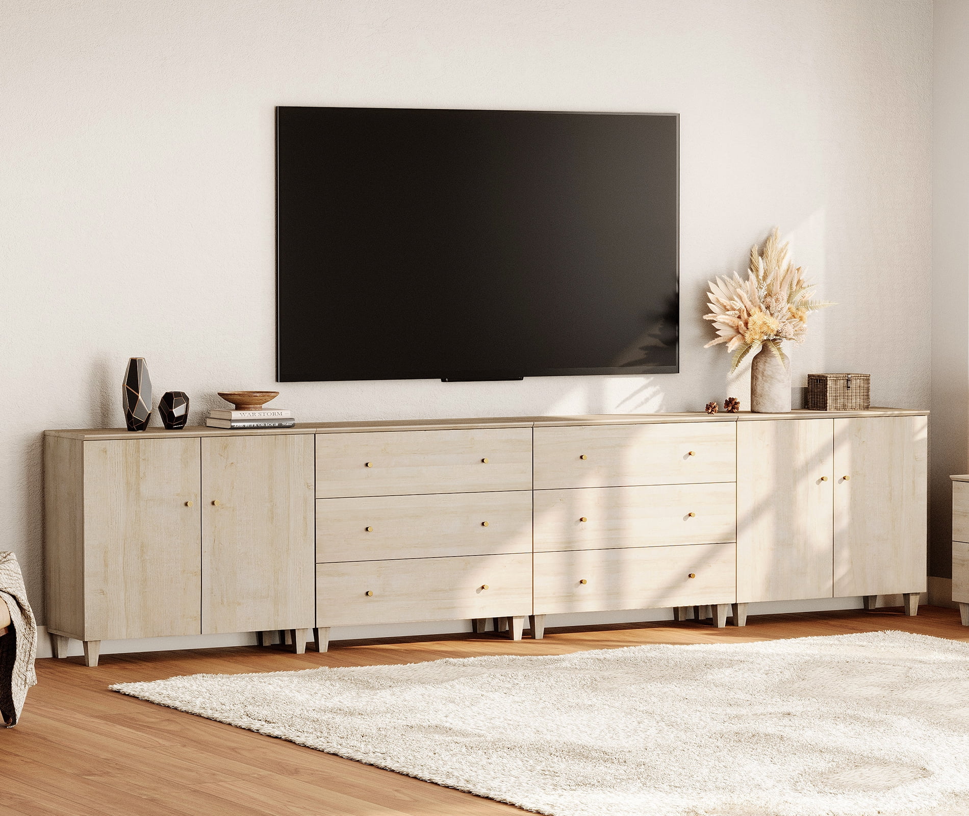 WAMPAT Extra Long Modern TV Stand for 120+ Inches TVs, 3-in-1 Large Wooden Media Console with 6 Spacious Drawers and 2 Storage Cabinets for Living Room, Light Oak