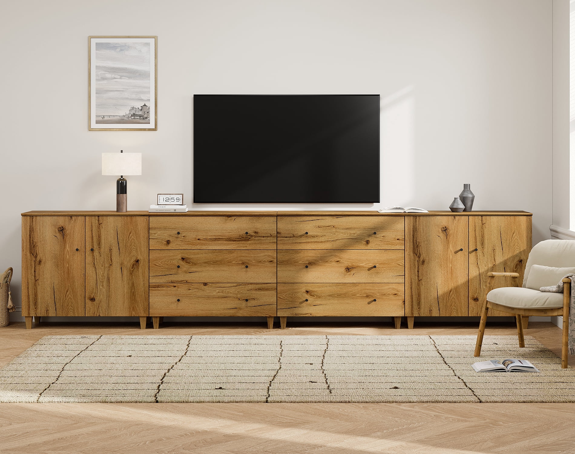 WAMPAT Extra Long Modern TV Stand for 120+ Inches TVs, 3-in-1 Large Wooden Media Console with 6 Spacious Drawers and 2 Storage Cabinets for Living Room, Oak Brown