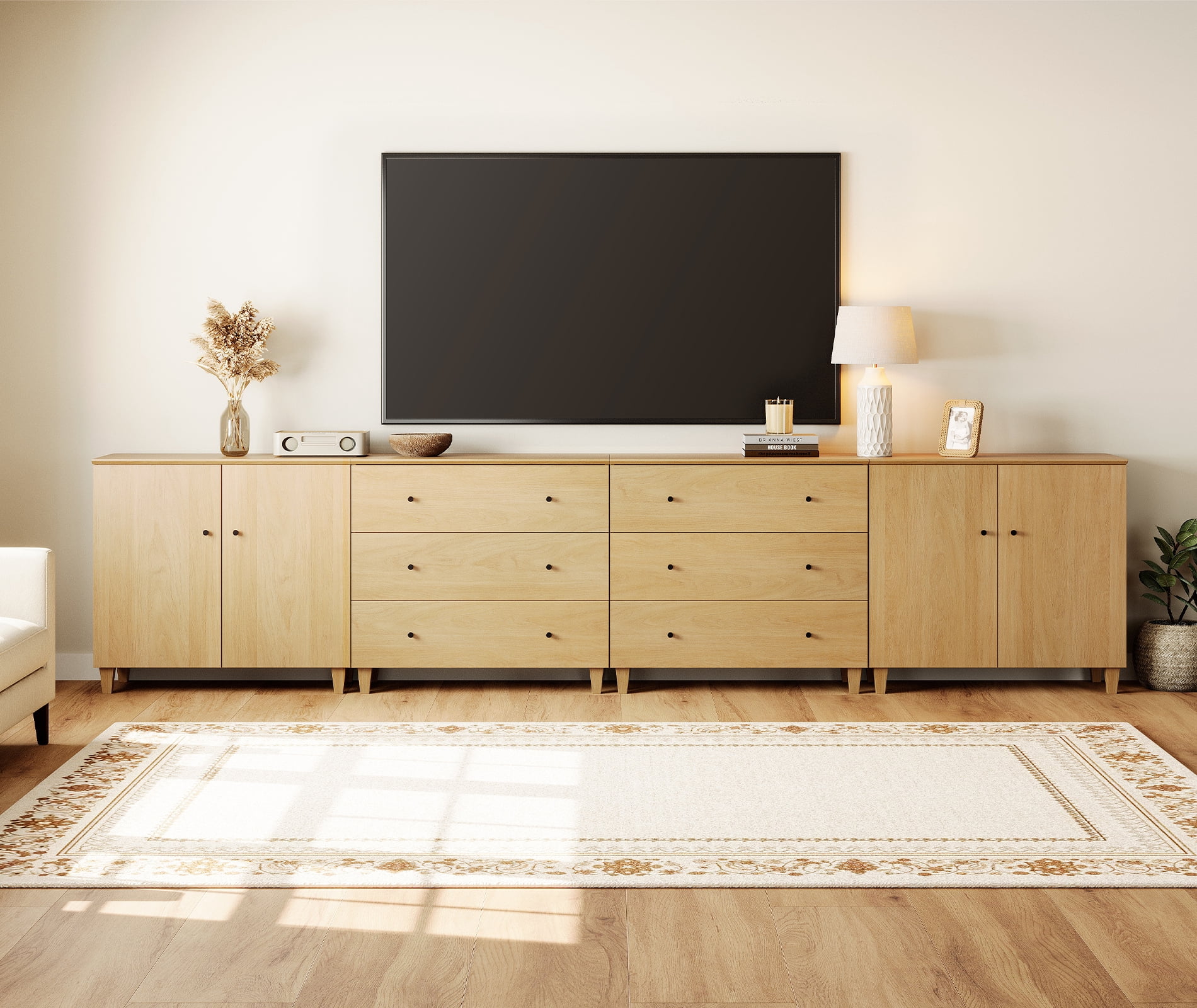 WAMPAT Extra Long Modern TV Stand for 120+ Inches TVs, 3-in-1 Large Wooden Media Console with 6 Spacious Drawers and 2 Storage Cabinets for Living Room, Oak