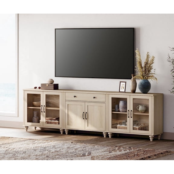 WAMPAT Farmhouse 100 Inch TV Stand & 3-in-1 Console Table, Entertainment Center with Glass Wood Doors, Kitchen Buffet Sideboard Cabinet, Light Oak