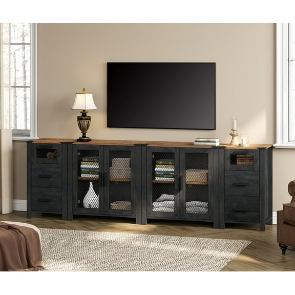 WAMPAT Farmhouse 2 in 1 TV Stand set for Living Room,Drawers Storage Cabinet with Mesh Door and Adjustable Shelf,Media TV Console Table for Dining and Bed Room，Dark Walnut and Black