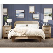 WAMPAT Farmhouse 2 Pack End Table with Charging Station, Wood Side Sofa Table with Drawer& Storage Cabinet, Rattan Weaving Nightstand with Power Outlets & USB Ports for Living Room, Bedroom, Oak