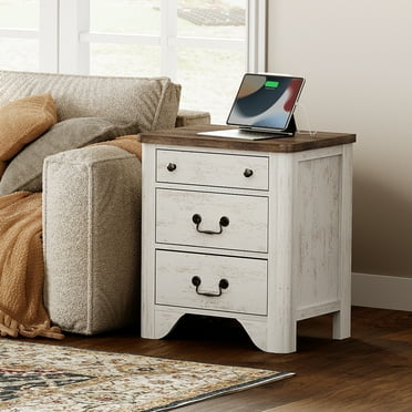 WAMPAT Farmhouse 3-Drawer Nightstand with Charging Station,Wood End Table,Side Table for Living Room, Bedroom,White