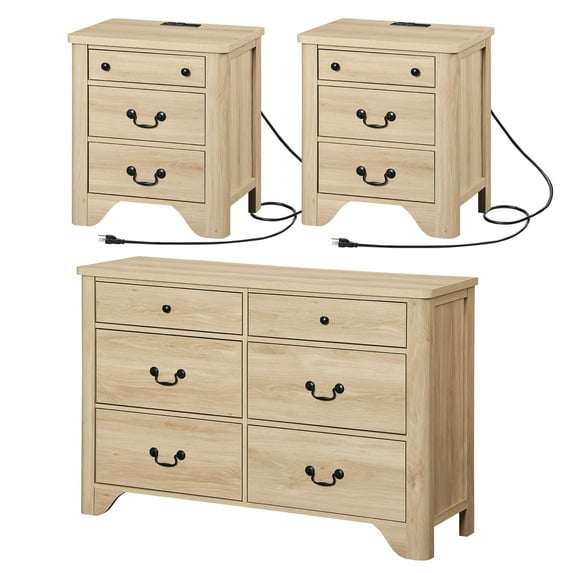 WAMPAT Farmhouse 3-Piece Bedroom Set, 47.2" Wood 6-Drawer Dresser and Nightstand Set of 2 with Charging Station for Bedroom,Living Room,Oak