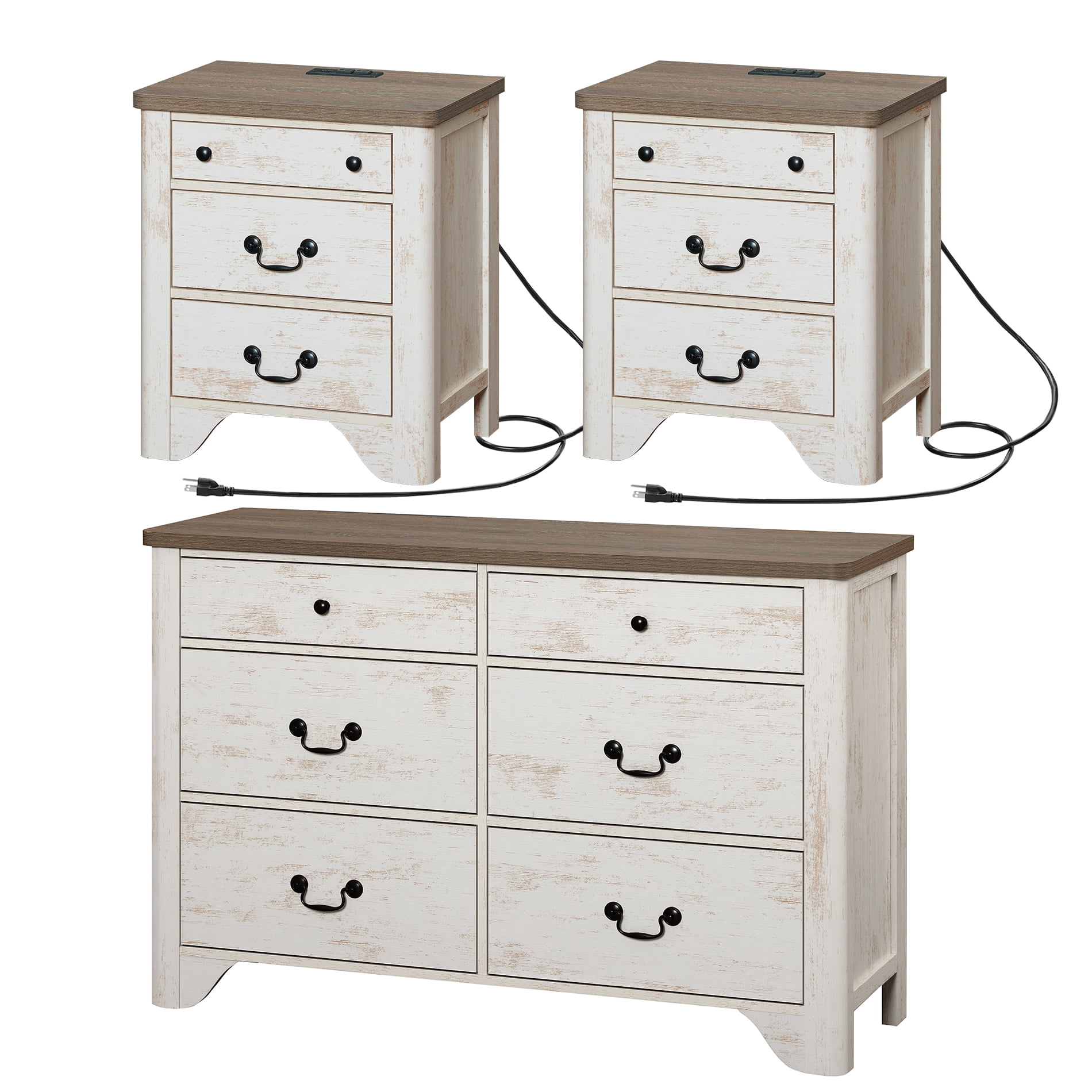 WAMPAT Farmhouse 3-Piece Bedroom Set, 47.2" Wood 6-Drawer Dresser and Nightstand Set of 2 with Charging Station for Bedroom,Living Room,White