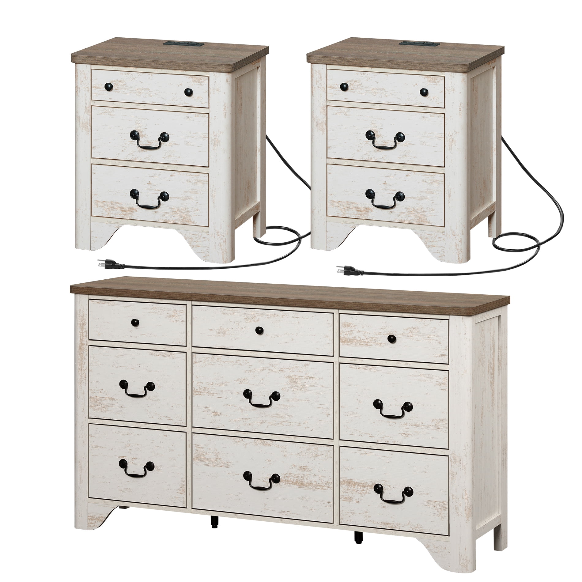 White and Brown Wood Farmhouse Bedroom Set with Charging Station
