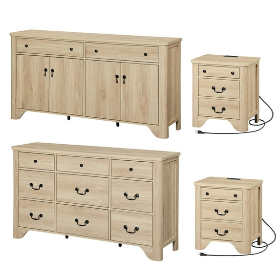 WAMPAT Farmhouse 4-Piece Bedroom Set, 53.5" Wood 9-Drawer Dresser, 59" Sideboard, and Nightstand Set of 2 with Charging Station for Bedroom,Living Room,Oak
