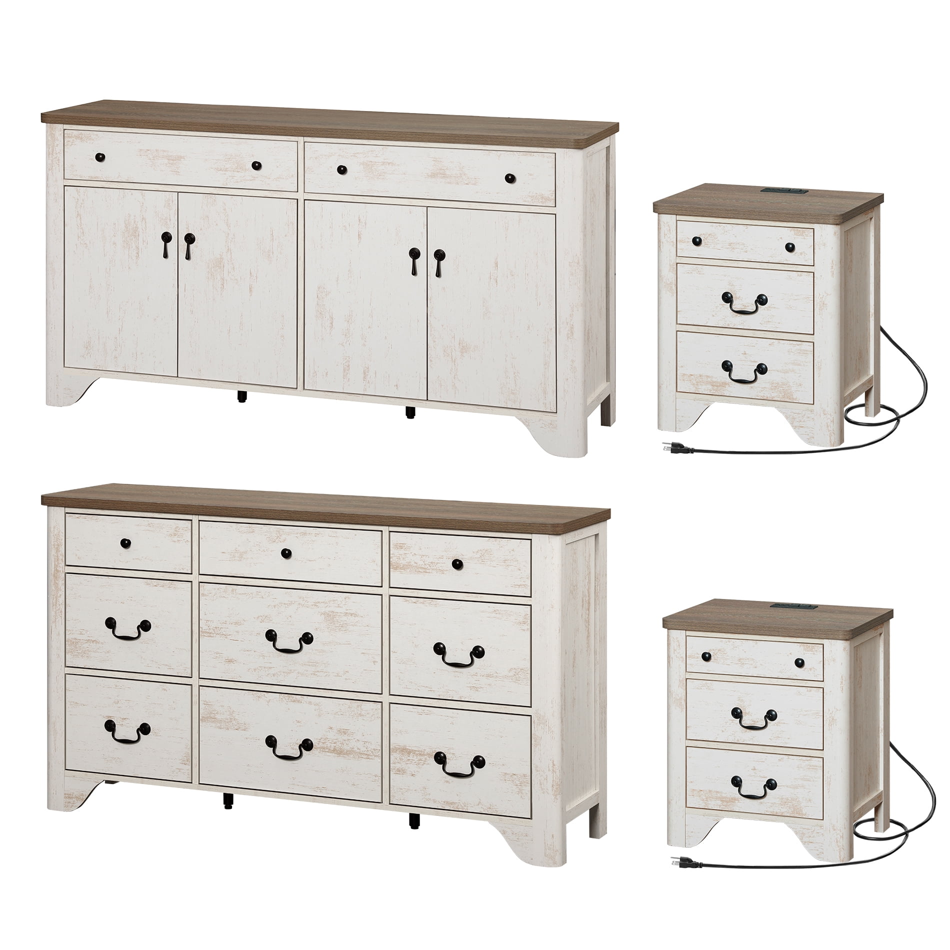 WAMPAT Farmhouse 4-Piece Bedroom Set, 53.5" Wood 9-Drawer Dresser, 59" Sideboard, and Nightstand Set of 2 with Charging Station for Bedroom,Living Room,White