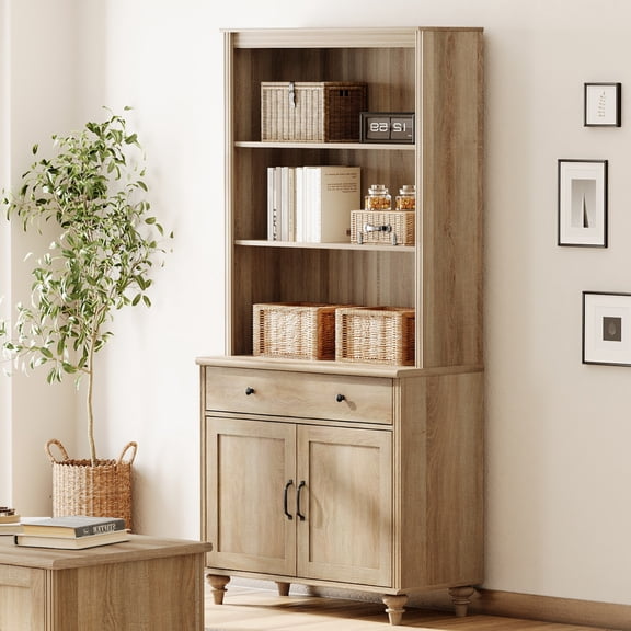 WAMPAT Farmhouse 72" Tall 5 Tier Bookshelf, Large Display Bookcase with Barn Doors & Storage Cabinet, Wooden Library Shelves for Living Room, Office, Kitchen, Oak