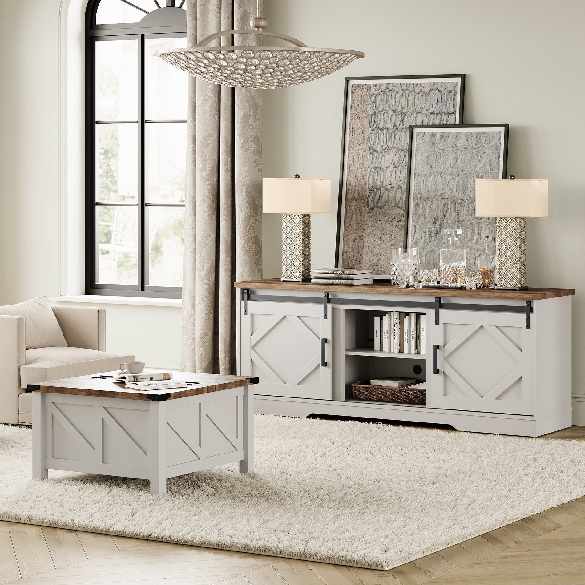 WAMPAT Farmhouse 75 in TV Stand and Coffee Table Set