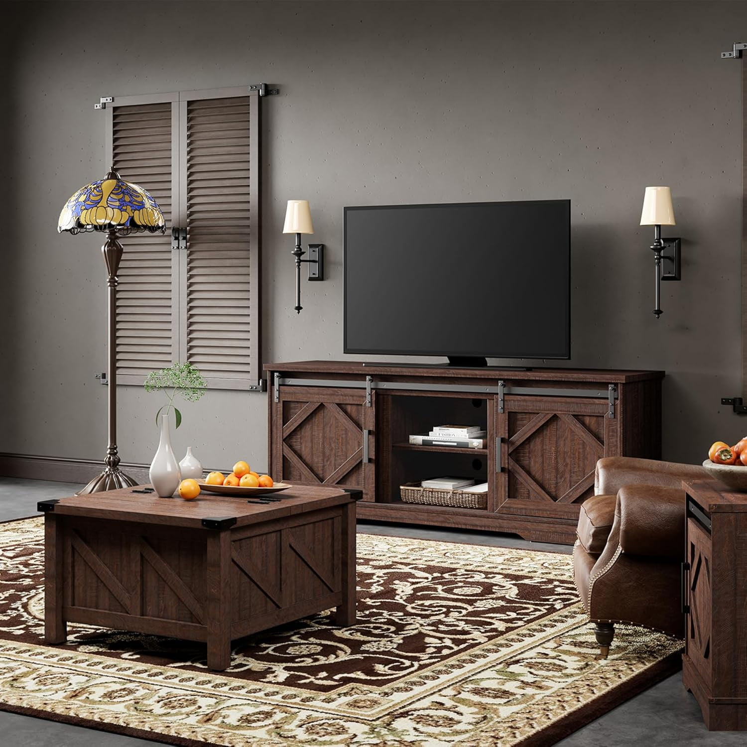 WAMPAT Farmhouse 75 in TV Stand and Coffee Table Set, Entertainment Center for TVs Up to 75", 30" Square Wood Center Table with Gas Spring Flip-Top for Living Room,Dark Brown