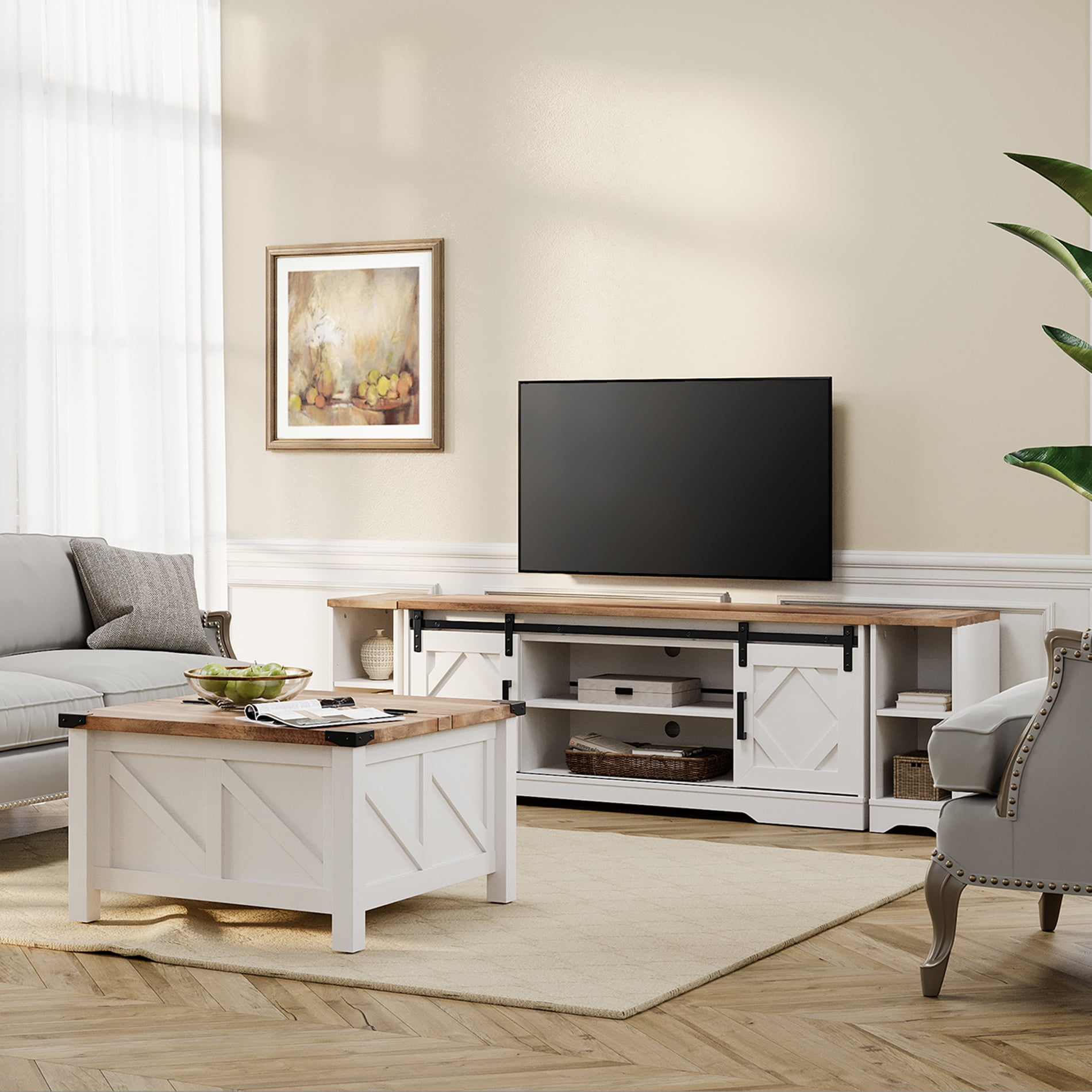 WAMPAT Farmhouse 85 inch TV Stand and Coffee Table Set of 2, Entertainment Center for TVs Up to 85", 30 inch Square Wood Coffee Table with Gas Spring Flip-Top for Living Room,Cream White