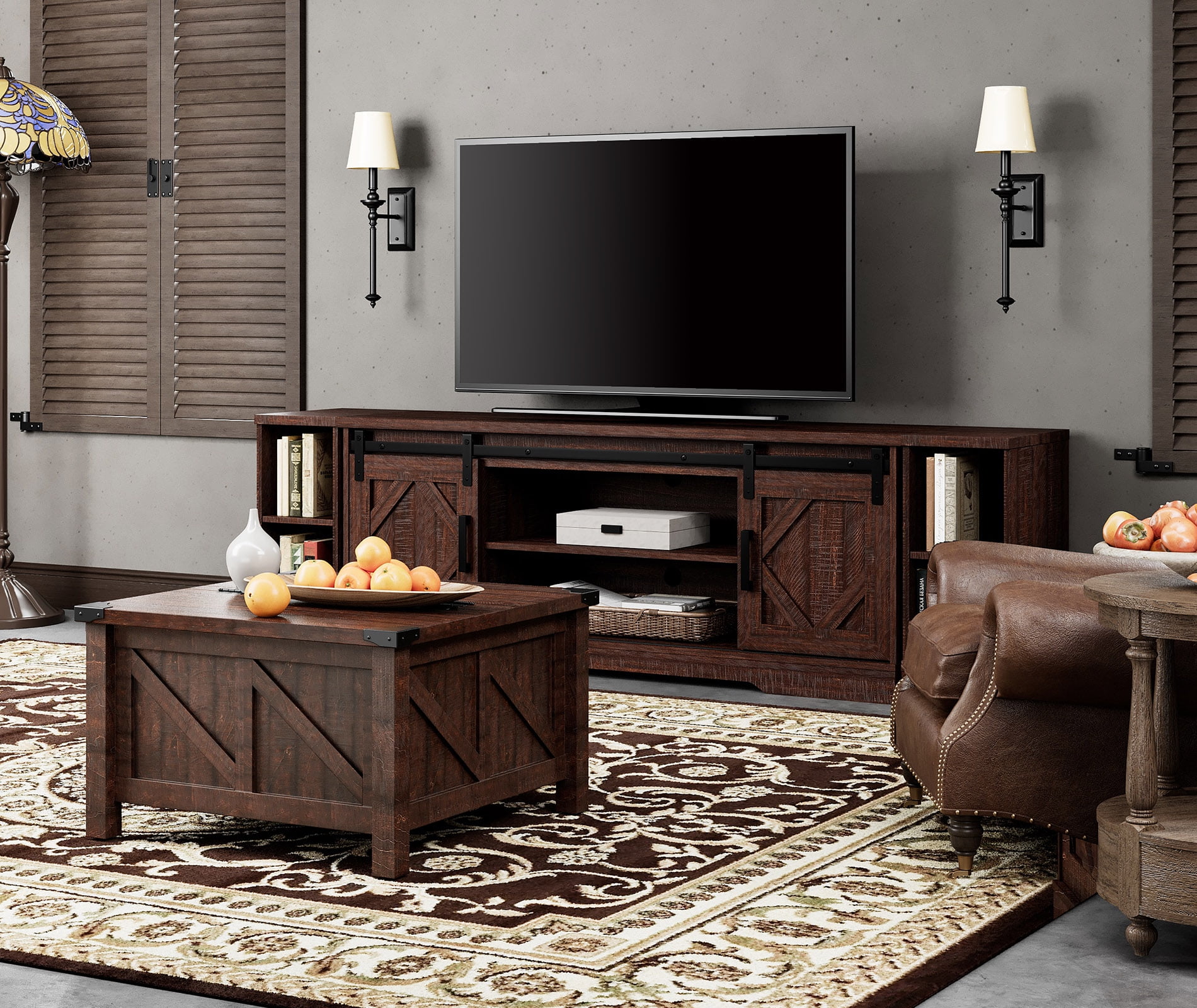 WAMPAT Farmhouse 85 inch TV Stand and Coffee Table Set of 2, Entertainment Center for TVs Up to 85", 30 inch Square Wood Coffee Table with Gas Spring Flip-Top for Living Room,Rustic Brown