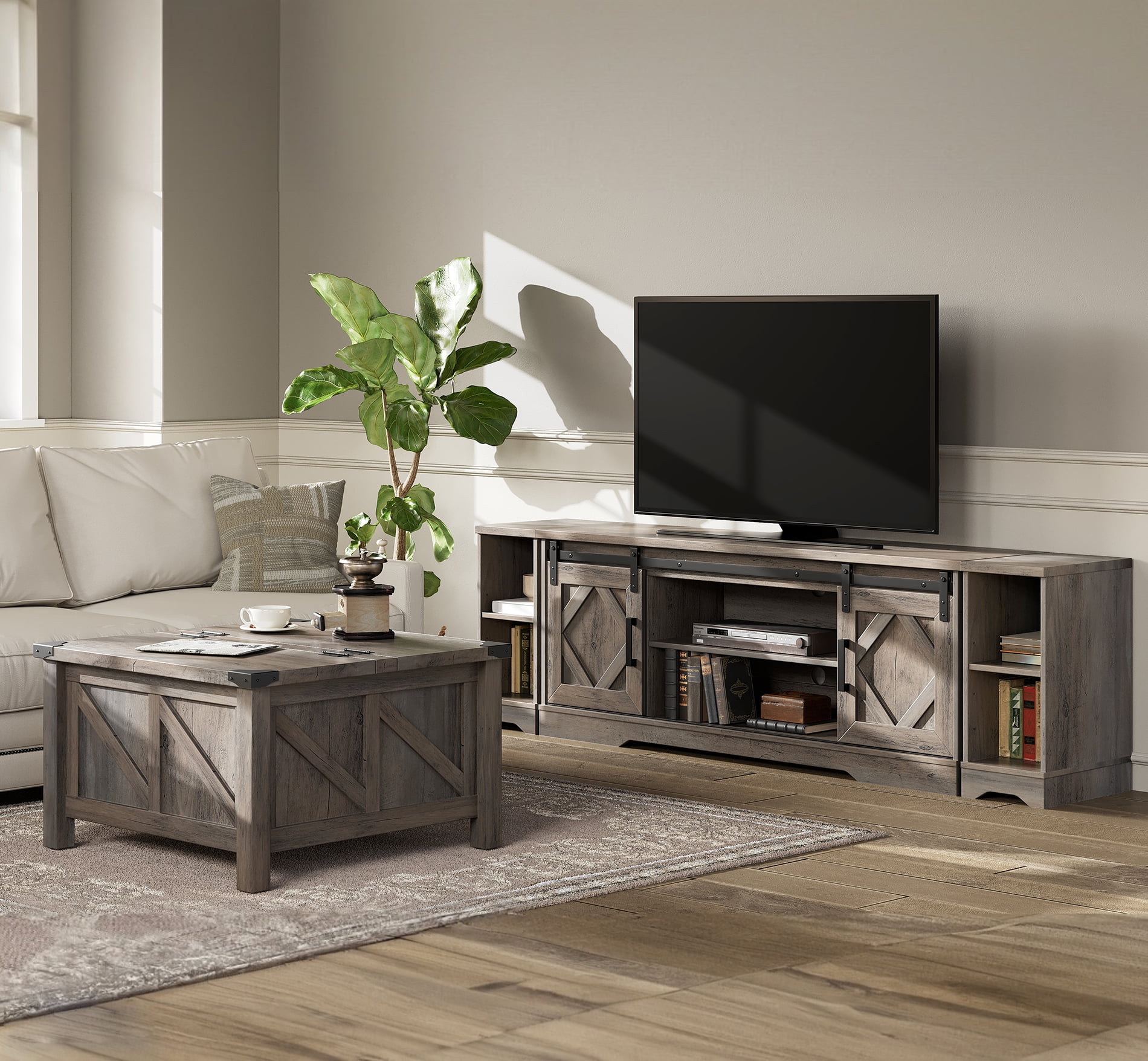 WAMPAT Farmhouse 85 inch TV Stand and Coffee Table Set of 2, Entertainment Center for TVs Up to 85", 30 inch Square Wood Coffee Table with Gas Spring Flip-Top for Living Room,Washed Grey