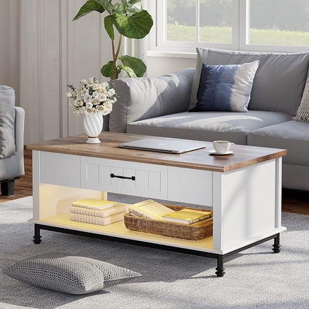 WAMPAT Farmhouse Coffee Table, with Yellow LED Lights, Large Rectangle Center Table with 1 Drawers and Open Storage Shelf for Living Room, 42", White/Oak,