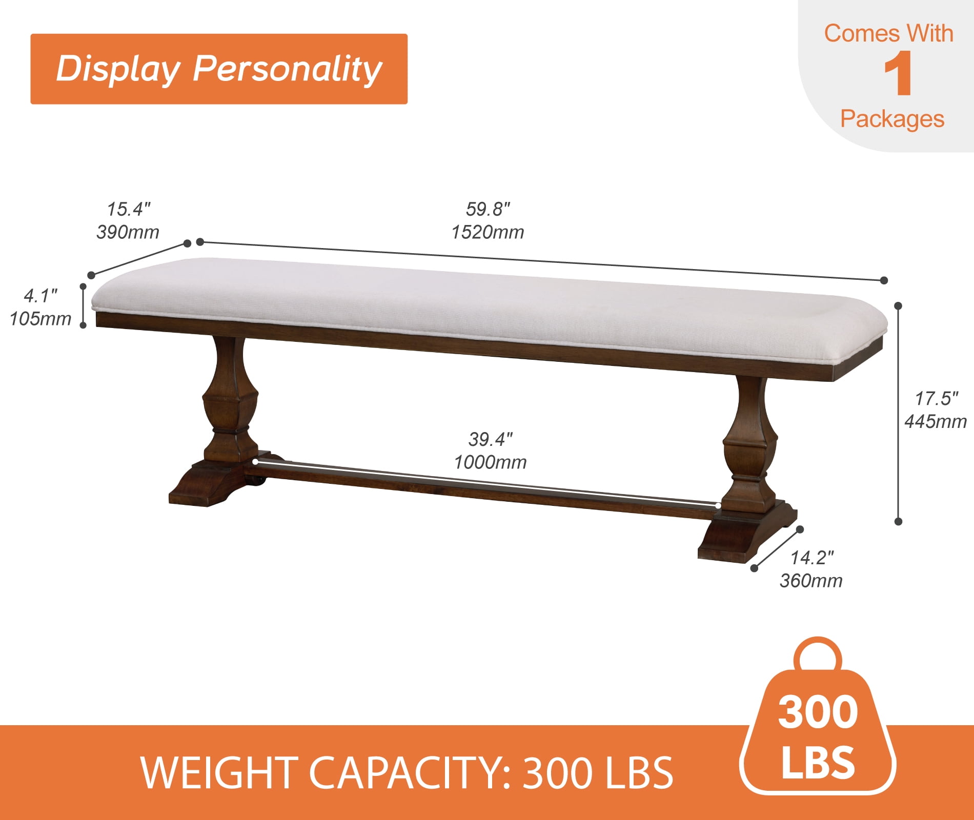 WAMPAT Farmhouse Dinning Bench Seat,59.8" Upholstered Bench with Premium Fabric and Solid Wood Legs for Kitchen, Living Room & Bedroom,Espresso