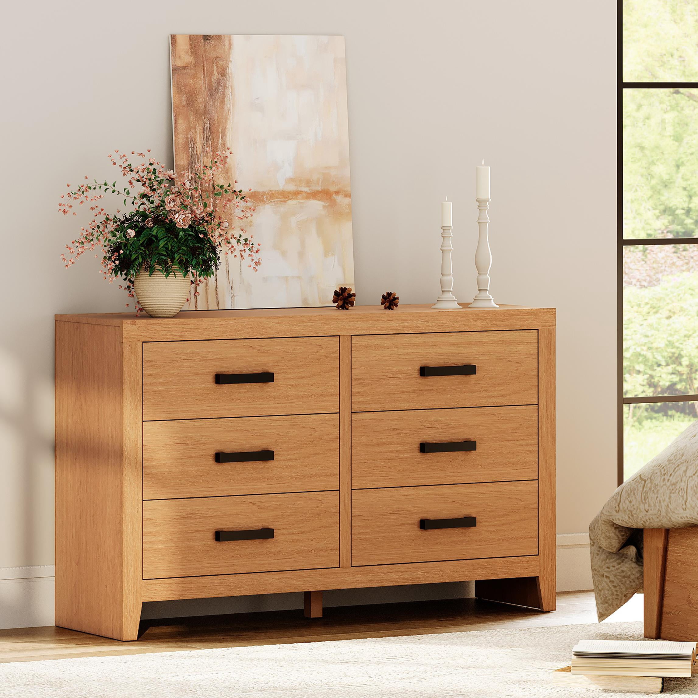 WAMPAT Farmhouse Dresser for Bedroom, 53 Inch Farmhouse Wood Storage Cabinet with 6 Drawers, Rustic Chest of Drawers for Living Room & Hallway