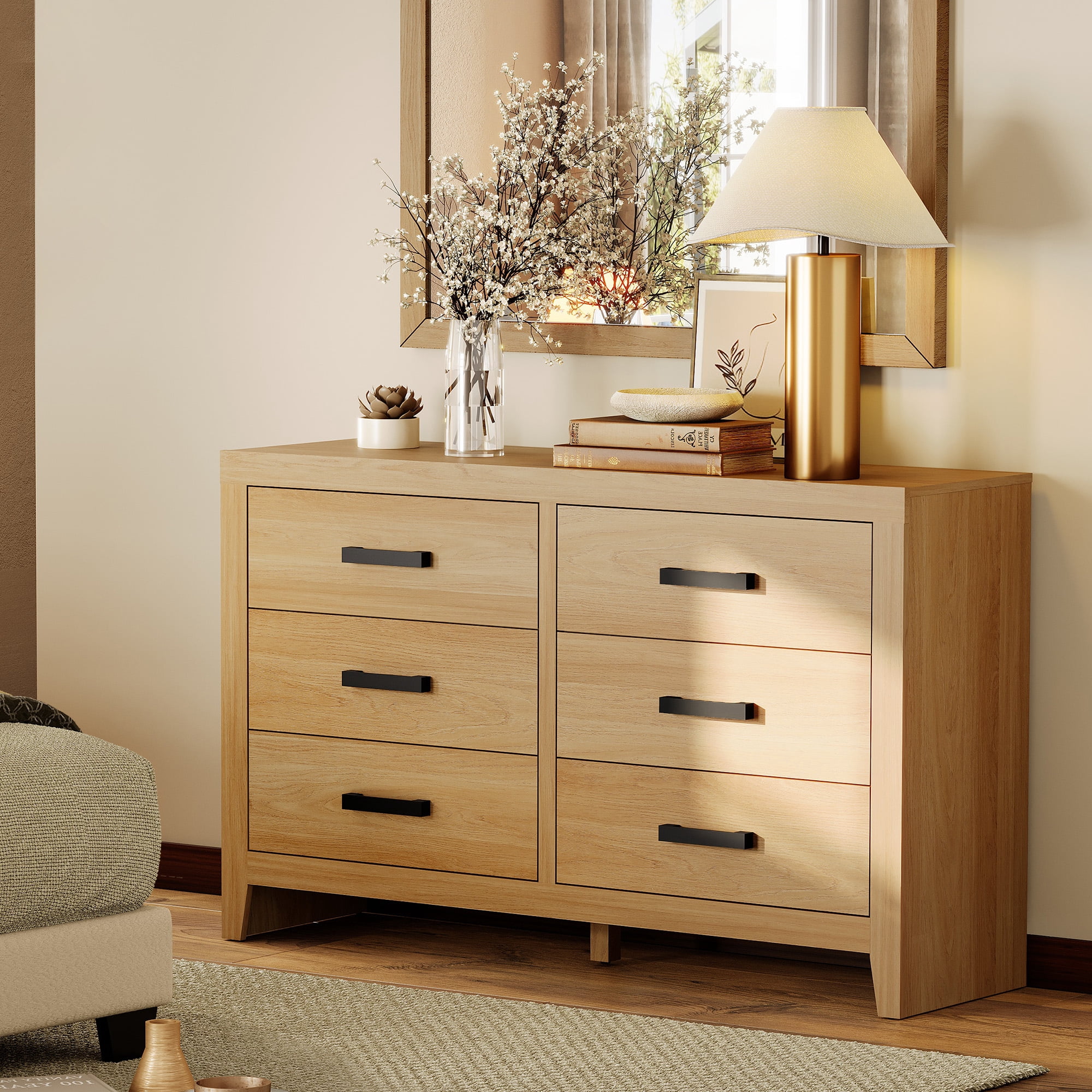 WAMPAT Farmhouse Dresser for Bedroom, 53 Inch Farmhouse Wood Storage Cabinet with 6 Drawers, Rustic Chest of Drawers for Living Room & Hallway