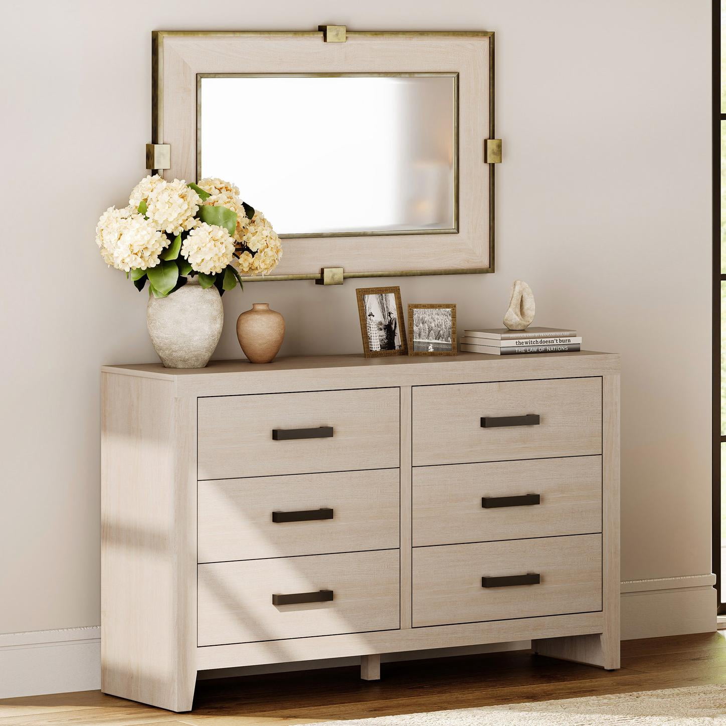 WAMPAT Farmhouse Dresser for Bedroom, 53 Inch Farmhouse Wood Storage Cabinet with 6 Drawers, Rustic Chest of Drawers for Living Room & Hallway
