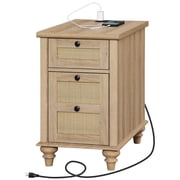 WAMPAT Farmhouse End Table with Charging Station, Wood Sofa Side Table with 1 Drawer&1 Storage Cabinet, Rattan Weaving End Table with Power Outlets & USB Ports for Living Room, Bedroom, Oak