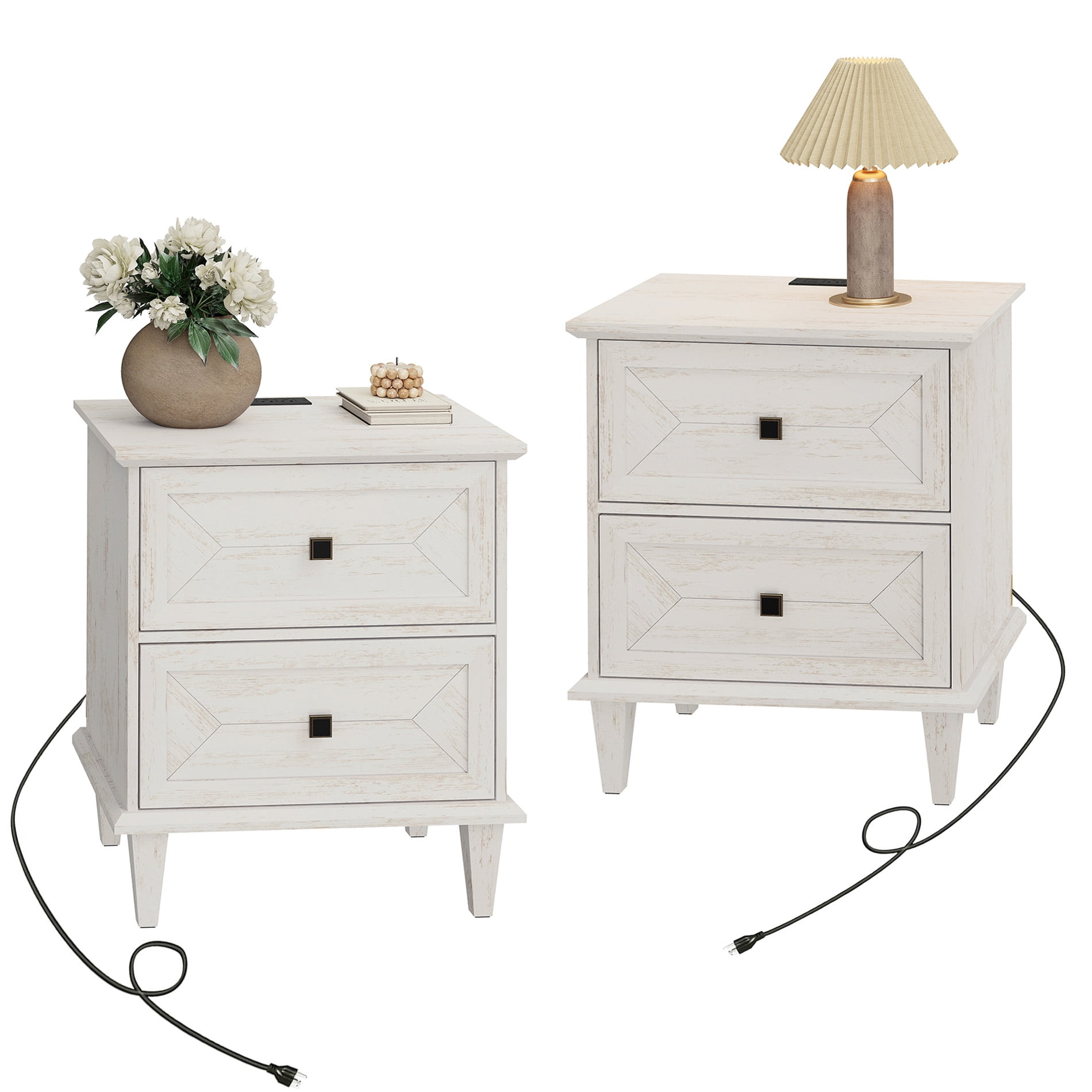 WAMPAT Night Stands Set of 2 with Charging Station, Rustic Farmhouse Bedside Tables with Drawers, White End Tables for Living Room Bedroom, Distressed White