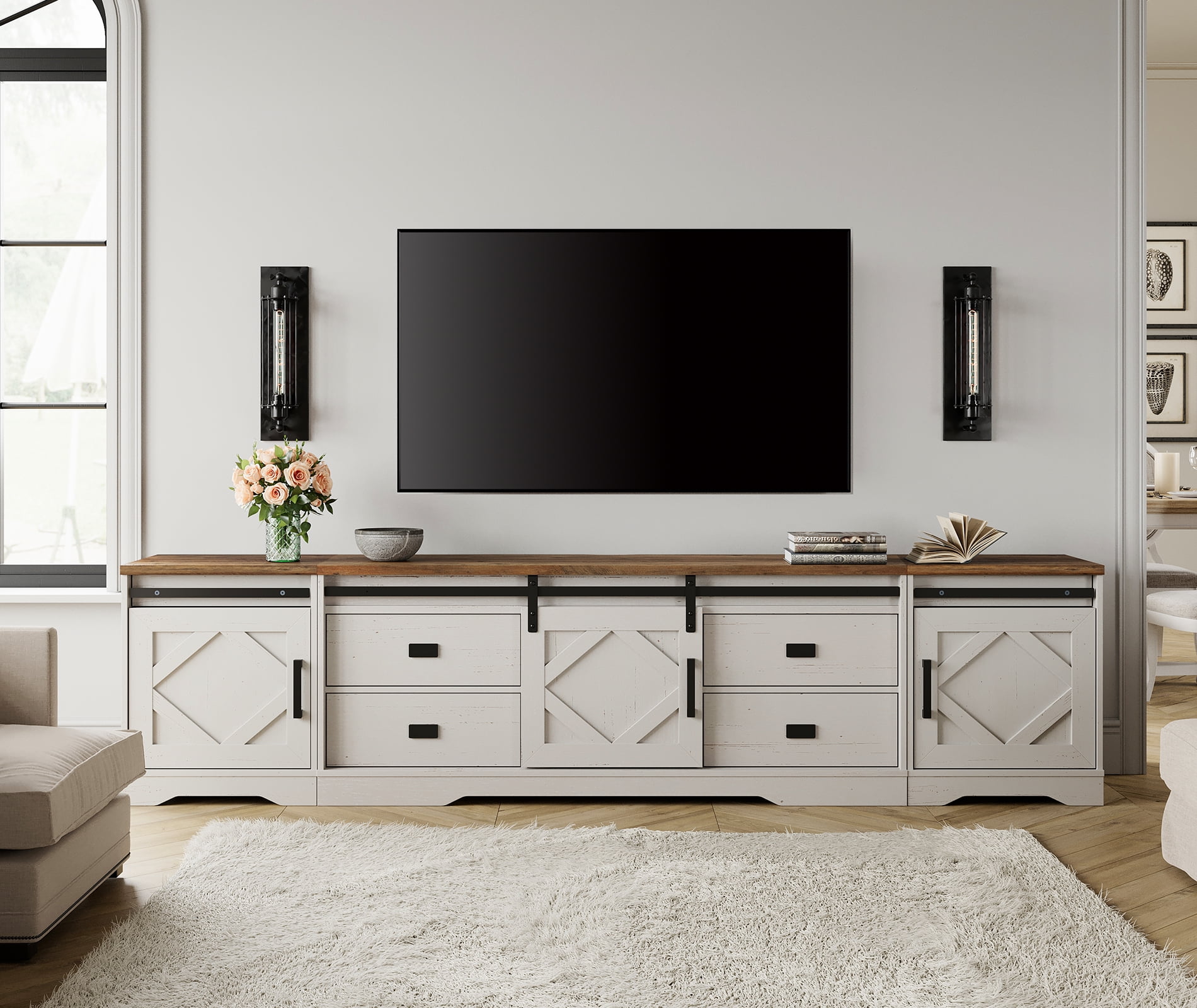 WAMPAT Farmhouse Entertainment Center for 110" TVs, 3-in-1 Wooden TV Stand with Barn Door, Adjustable Shelves and Storage Drawers,Media Console Table for Living Room,Cream White