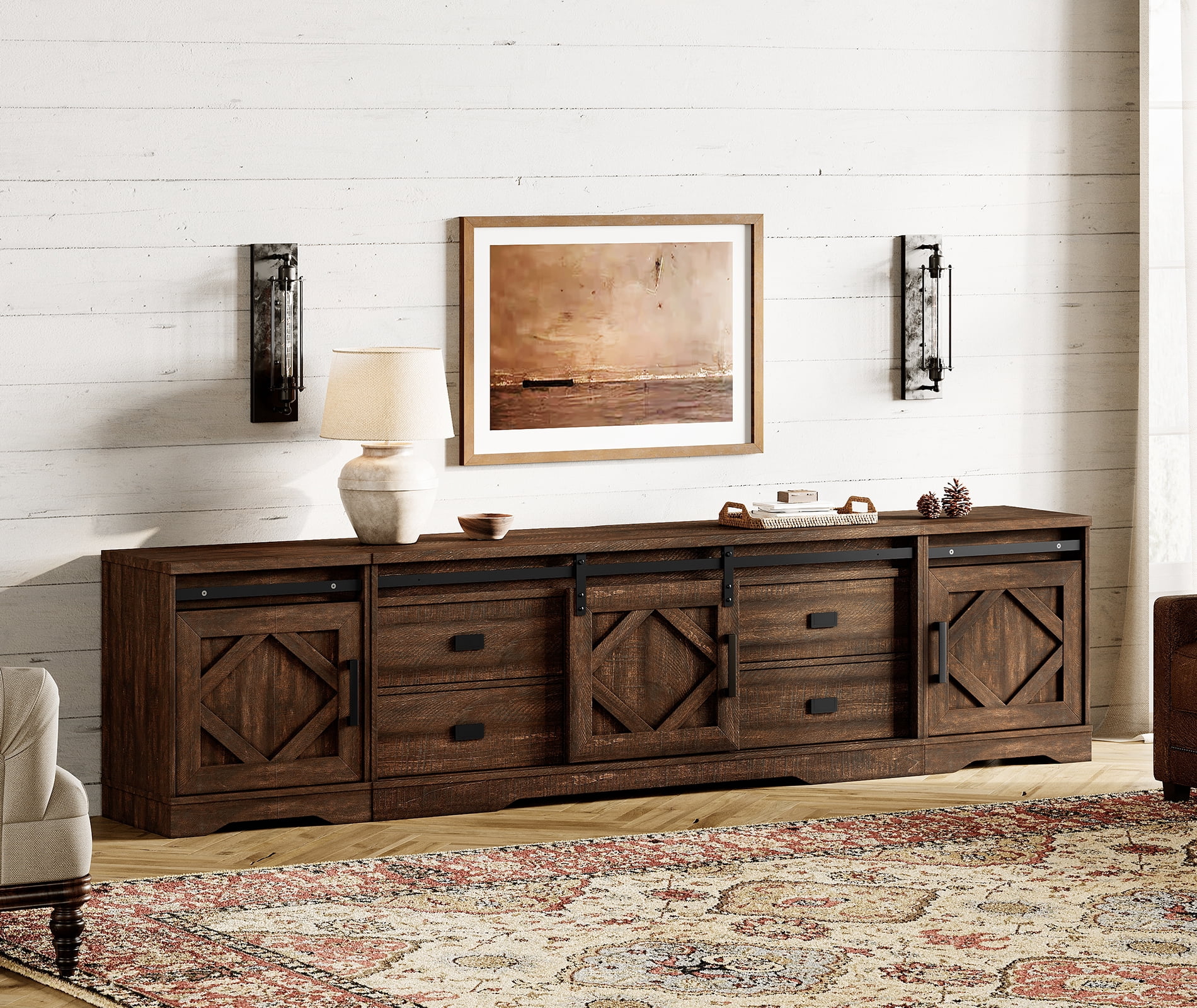 WAMPAT Farmhouse Entertainment Center for 110" TVs, 3-in-1 Wooden TV Stand with Barn Door, Adjustable Shelves and Storage Drawers,Media Console Table for Living Room,Rustic Brown