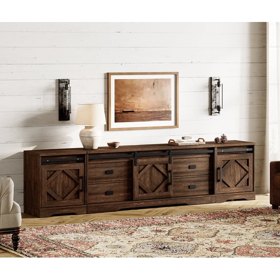WAMPAT Farmhouse Entertainment Center for 110" TVs, 3-in-1 Wooden TV Stand with Barn Door, Adjustable Shelves and Storage Drawers,Media Console Table for Living Room,Rustic Brown