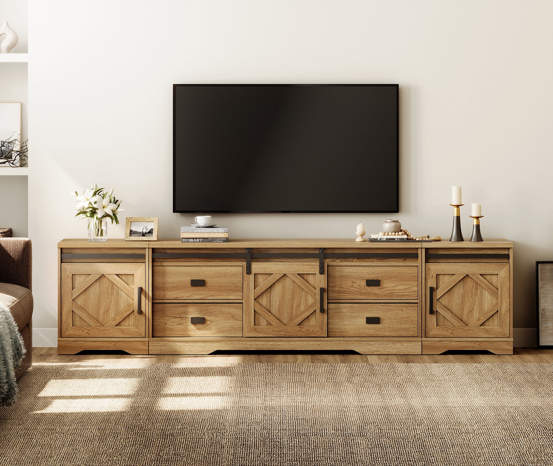WAMPAT Farmhouse Entertainment Center for 110" TVs, 3-in-1 Wooden TV Stand with Barn Door, Adjustable Shelves and Storage Drawers,Media Console Table for Living Room,Vintage Oak