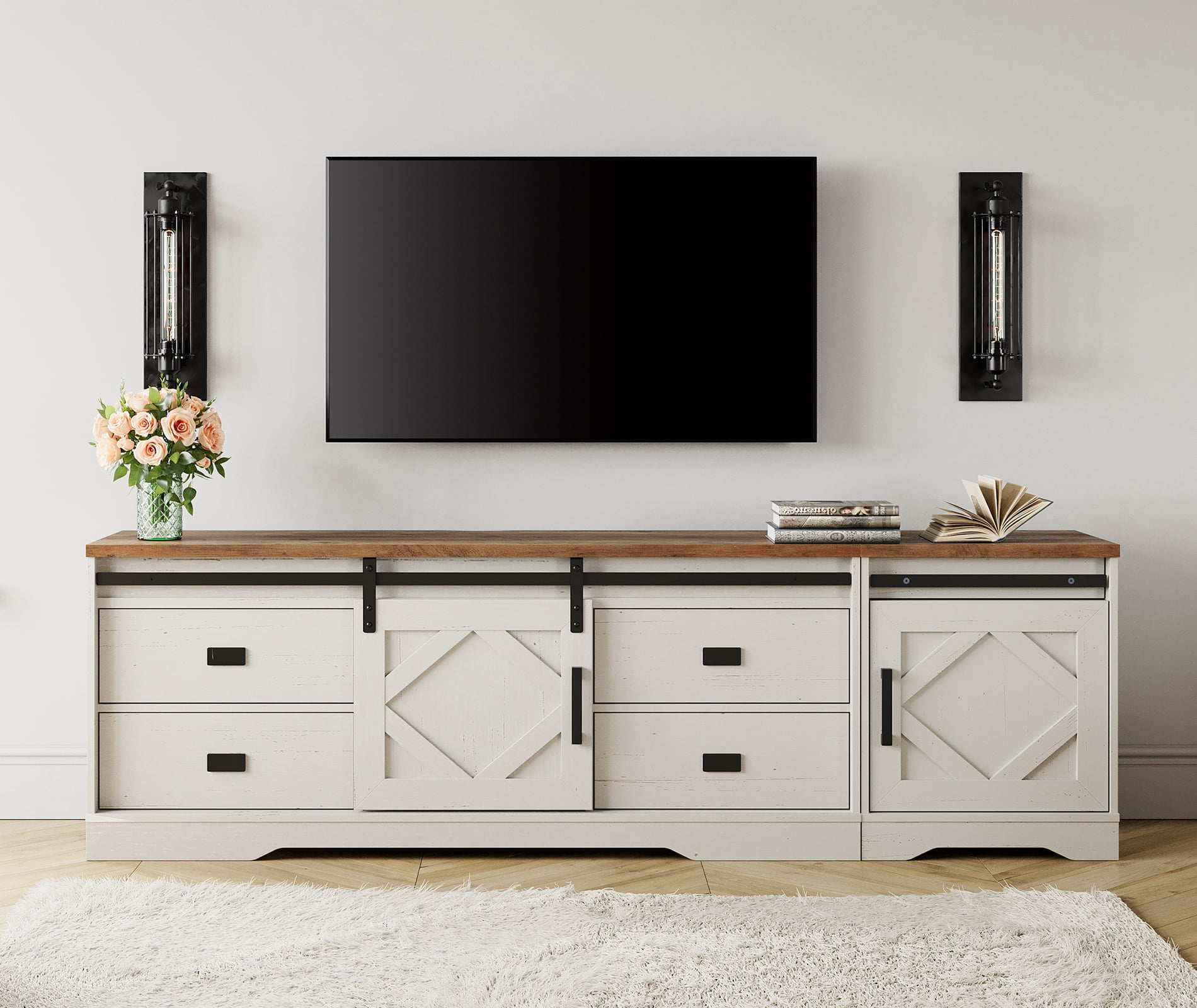 WAMPAT Farmhouse Entertainment Center for 85" TVs, 2-in-1 Wooden TV Stand with Barn Door, Adjustable Shelves and Storage Drawers,Media Console Table for Living Room,Cream White