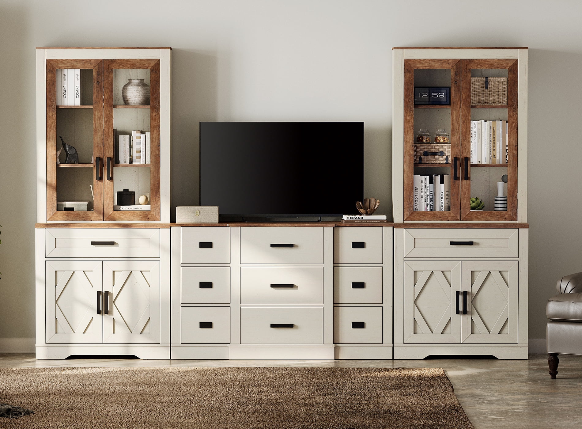 WAMPAT Farmhouse Entertainment Center with Bookshelf for TVs up to 60",Mid Century Modern TV Stand with 73"H Tall 5-Tier Bookcase with 2 Drawers and Glass Doors for Living Room,Bedroom, White Oak