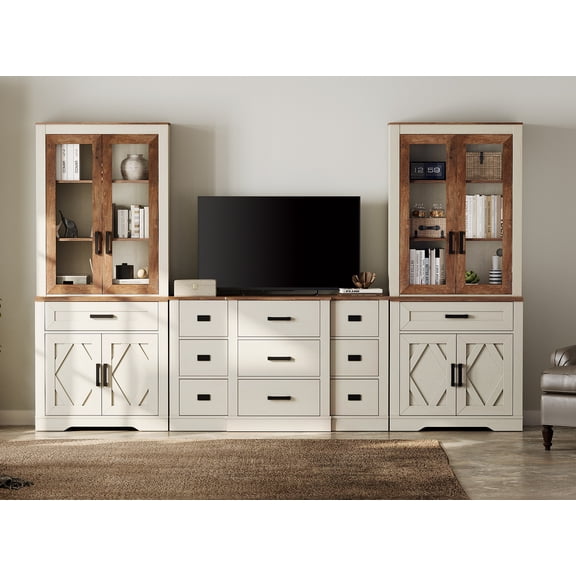 WAMPAT Farmhouse Entertainment Center with Bookshelf for TVs up to 60",Mid Century Modern TV Stand with 73"H Tall 5-Tier Bookcase with 2 Drawers and Glass Doors for Living Room,Bedroom, White Oak