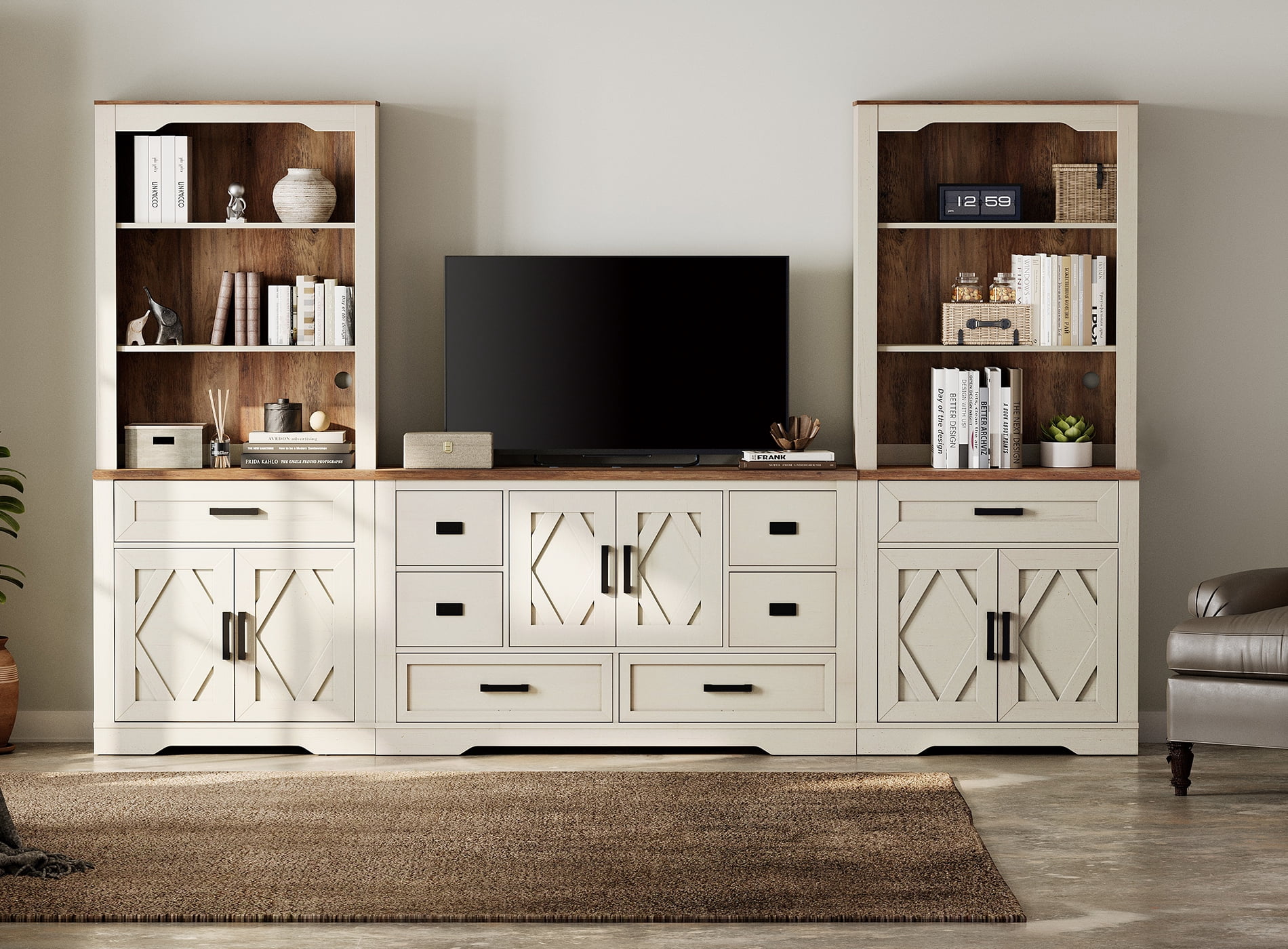 WAMPAT Farmhouse Entertainment Center with Bookshelf for TVs up to 60",Mid Century Modern TV Stand with 73"H Tall 5-Tier Bookcase with Open Storage and Barn Doors for Living Room,Bedroom,White
