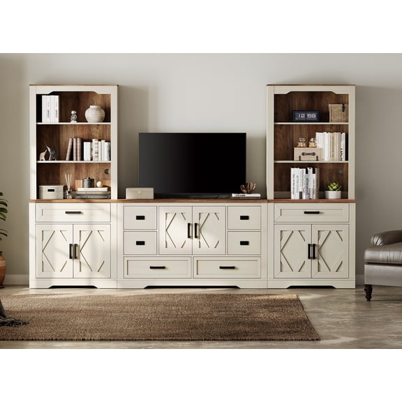 WAMPAT Farmhouse Entertainment Center with Bookshelf for TVs up to 60",Mid Century Modern TV Stand with 73"H Tall 5-Tier Bookcase with Open Storage and Barn Doors for Living Room,Bedroom,White