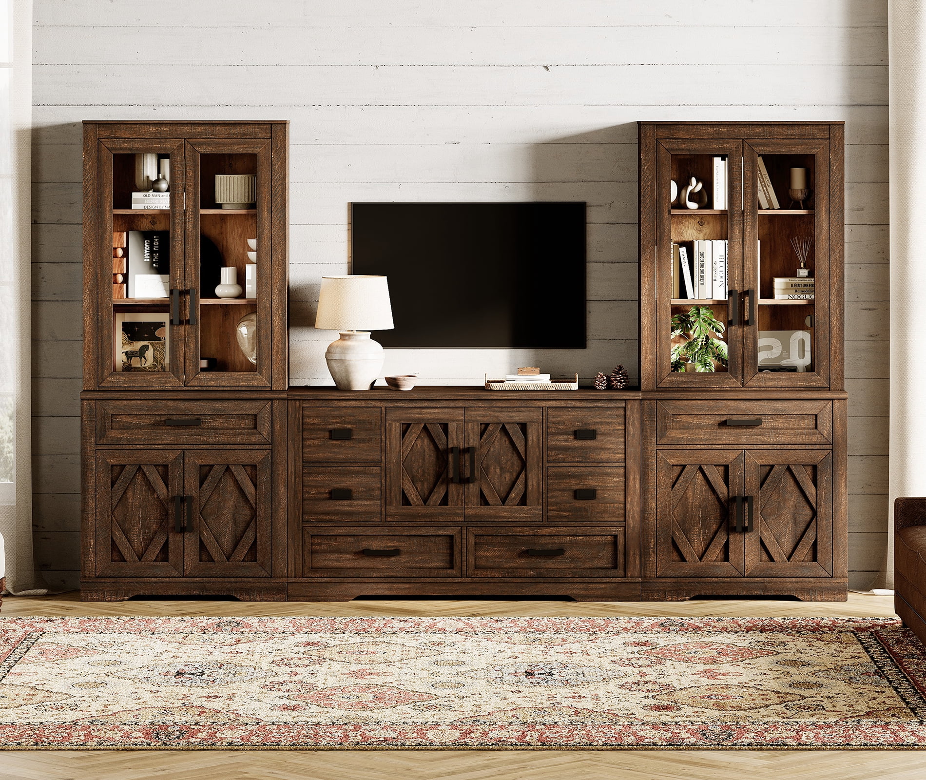WAMPAT Farmhouse Entertainment Center with Bookshelf for TVs up to 60",Mid Century Modern TV Stand with 73"H Tall 5-Tier Bookcase with Open Storage and Barn Doors for Living Room,Bedroom,Espresso