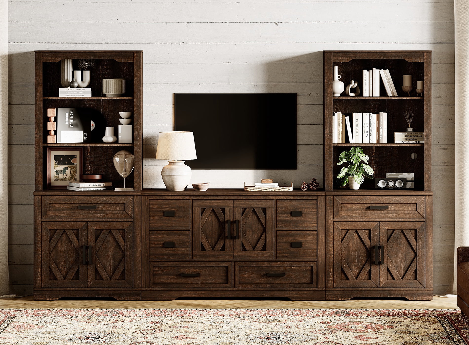 WAMPAT Farmhouse Entertainment Center with Bookshelf for TVs up to 60",Mid Century Modern TV Stand with 73"H Tall 5-Tier Bookcase with Open Storage and Barn Doors for Living Room,Bedroom,Brown