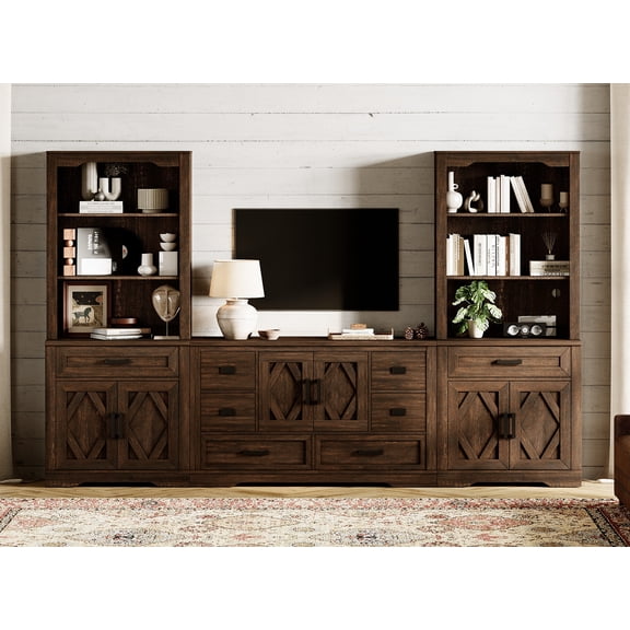 WAMPAT Farmhouse Entertainment Center with Bookshelf for TVs up to 60",Mid Century Modern TV Stand with 73"H Tall 5-Tier Bookcase with Open Storage and Barn Doors for Living Room,Bedroom,Brown