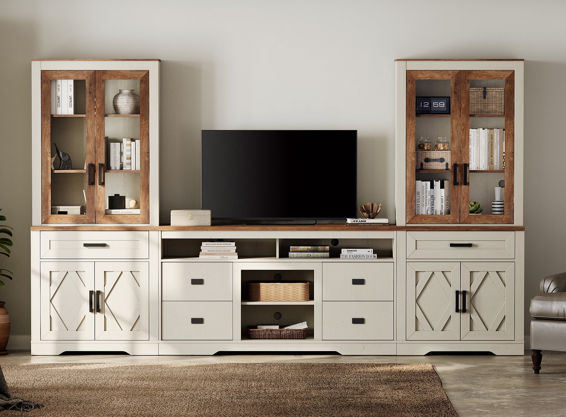WAMPAT Farmhouse Entertainment Center with Bookshelf for TVs up to 65",Mid Century Modern TV Stand with 73"H Tall 5-Tier Bookcase with Open Storage and Barn Doors for Living Room,Bedroom,White Oak