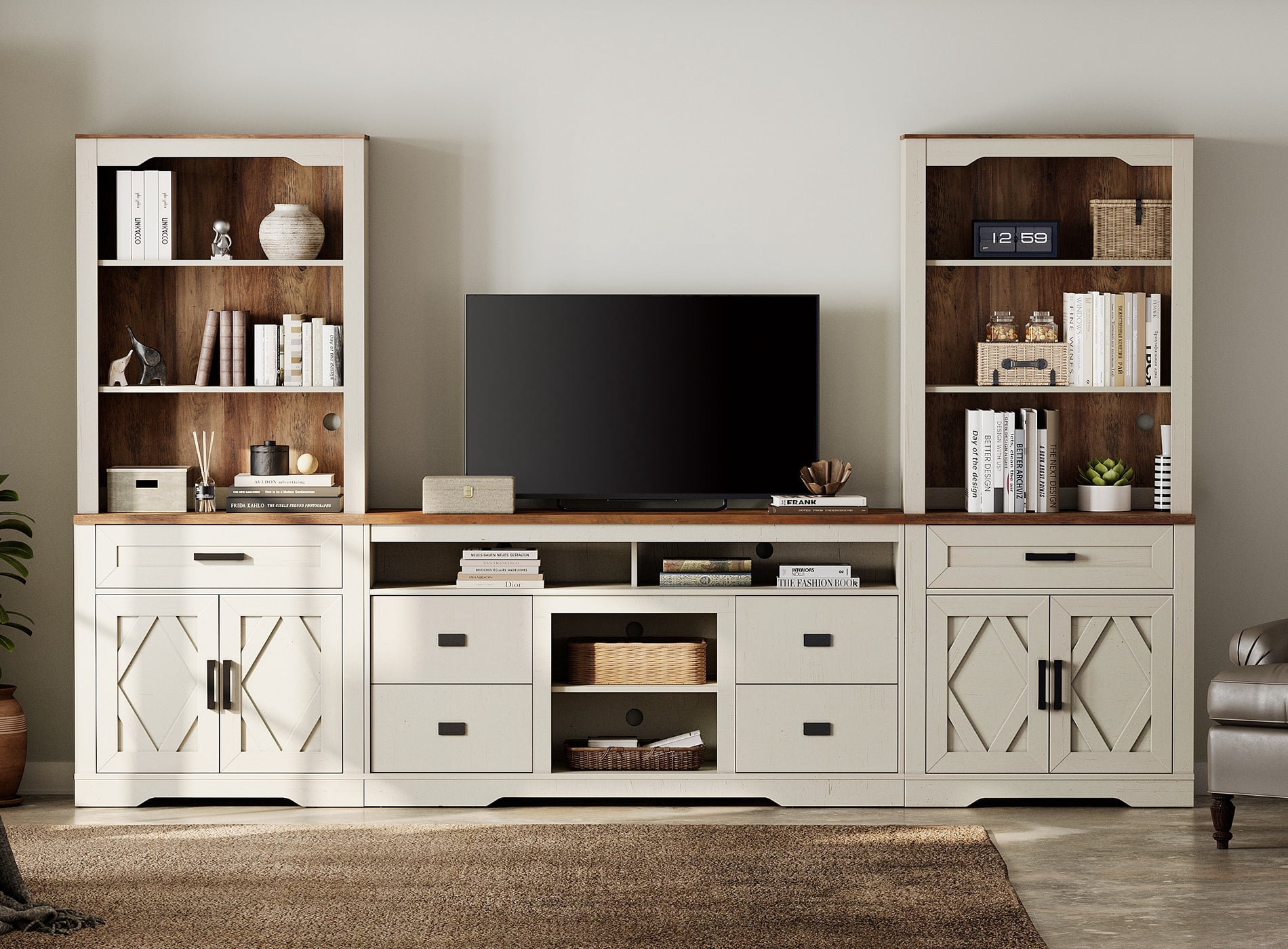 WAMPAT Farmhouse Entertainment Center with Bookshelf for TVs up to 65",Mid Century Modern TV Stand with 73"H Tall 5-Tier Bookcase with Open Storage and Barn Doors for Living Room,Bedroom,White