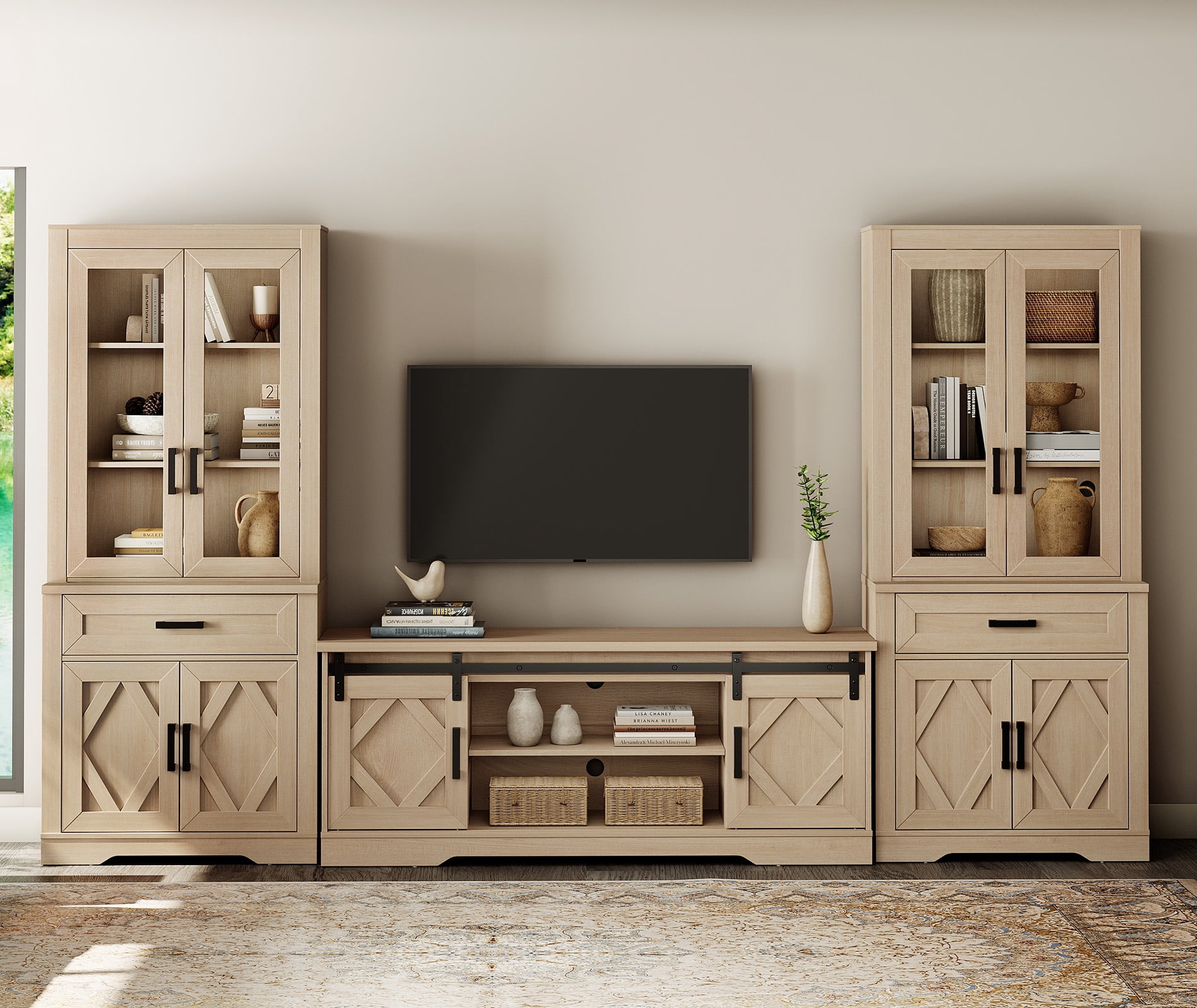WAMPAT Farmhouse Entertainment Center with Bookshelf for TVs up to 65",Mid Century Modern TV Stand with 73"H Tall 5-Tier Bookcase with Open Storage and Barn Doors for Living Room,Beige