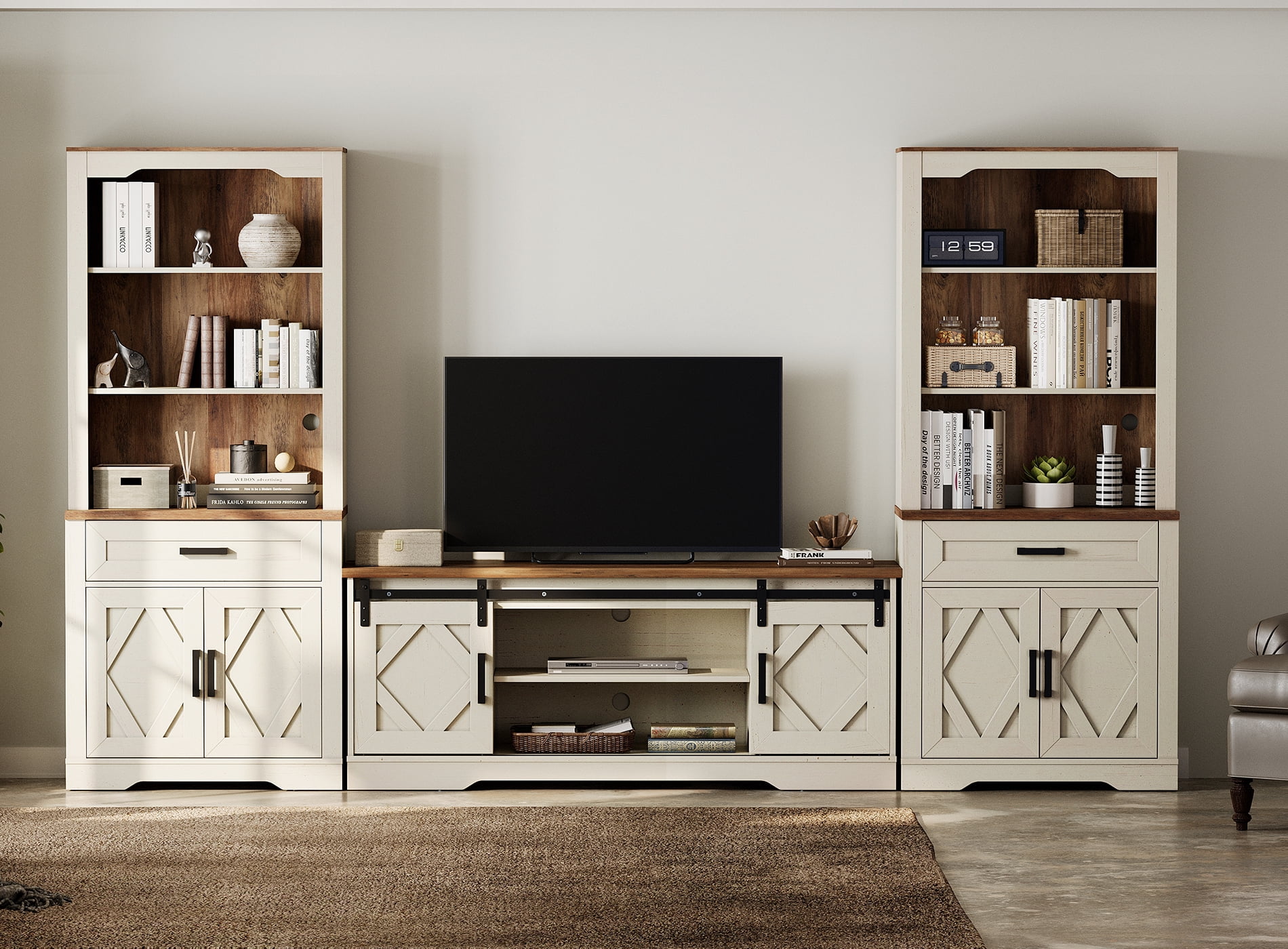 WAMPAT Farmhouse Entertainment Center with Bookshelf for TVs up to 65",Mid Century Modern TV Stand with 73"H Tall 5-Tier Bookcase with Open Storage and Barn Doors for Living Room,Cream White